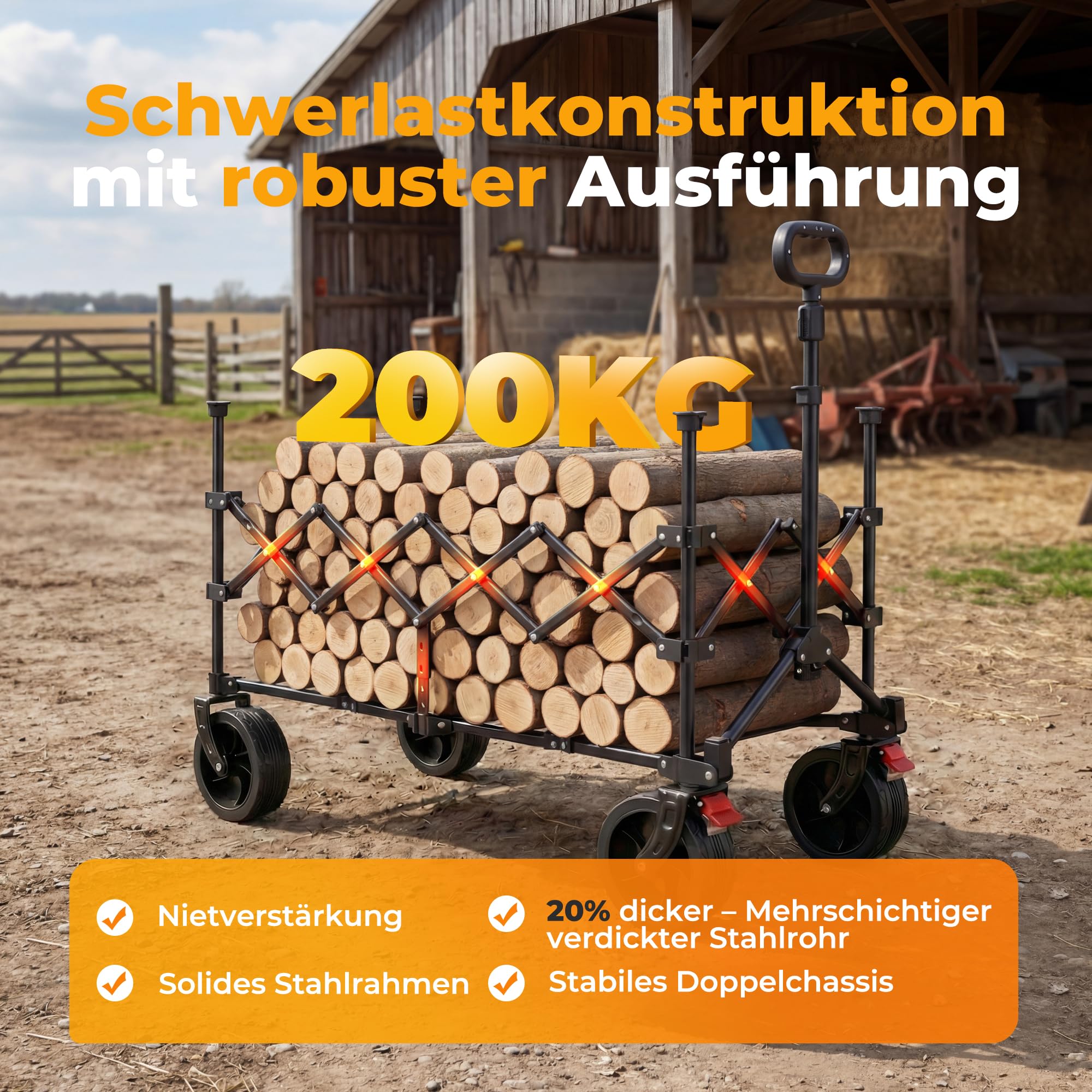 Bollerwagen Faltbar 200L 200KG Belastbar, Strandwagen Klappbar mit Regenschutz, Reflektorstreifen, Bremsen; Breite Reifen All Terrain Faltbarer Strandwagen Für Camping, Strand, Outdoor