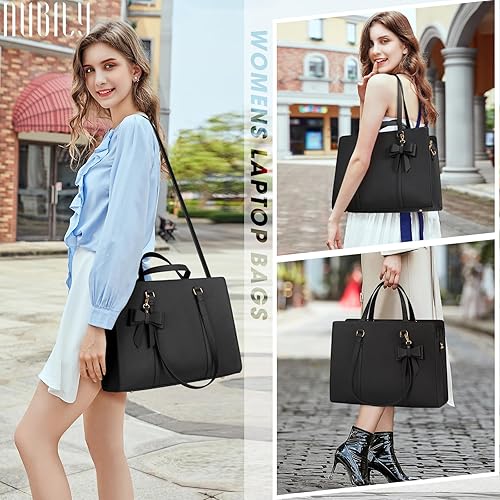 Miniatura 7 de Bolsa de computadora portátil para mujer, bolsa de mano para laptop de 15.6 pulgadas, bolsa de cuero impermeable, maletín grande y ligero, bolsa de