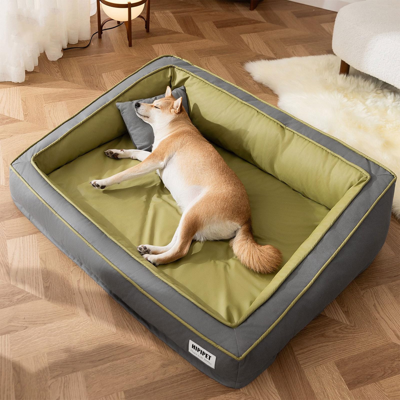PETCUTE Waterproof Large Dog Bed,Orthopedic Dog Sofa Bed with Removable Washable Cover and Non-Slip Bottom,Rectangle Pet Beds with Raised Edges for Joint Support,Green,XXL â image 1