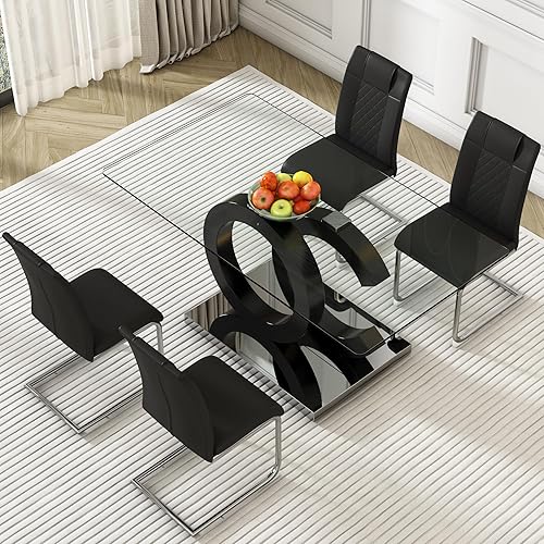 Miniatura 2 de Juego de 4 mesas de comedor de cristal de 63 pulgadas para 4,5 piezas, mesa de comedor rectangular de vidrio templado de 0.39 pulgadas con sillas de