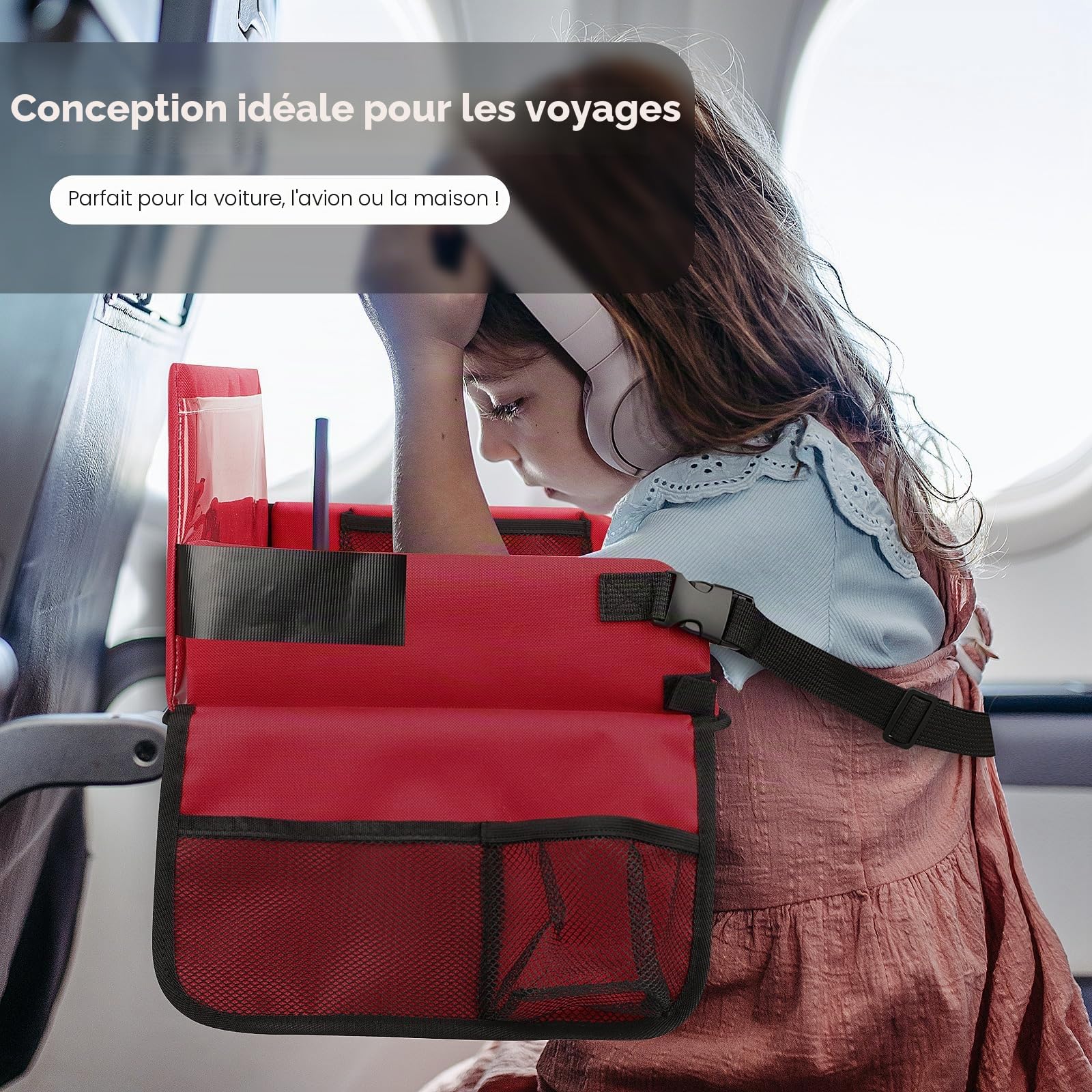 YOOFAN Plateau de Voyage Enfant Voiture - Plateau de Dessin et de Jeu Polyvalent avec Fenêtre pour iPad, 6 Stylos de Couleur, Carton Amovible et 4 Poches pour Livres et plus