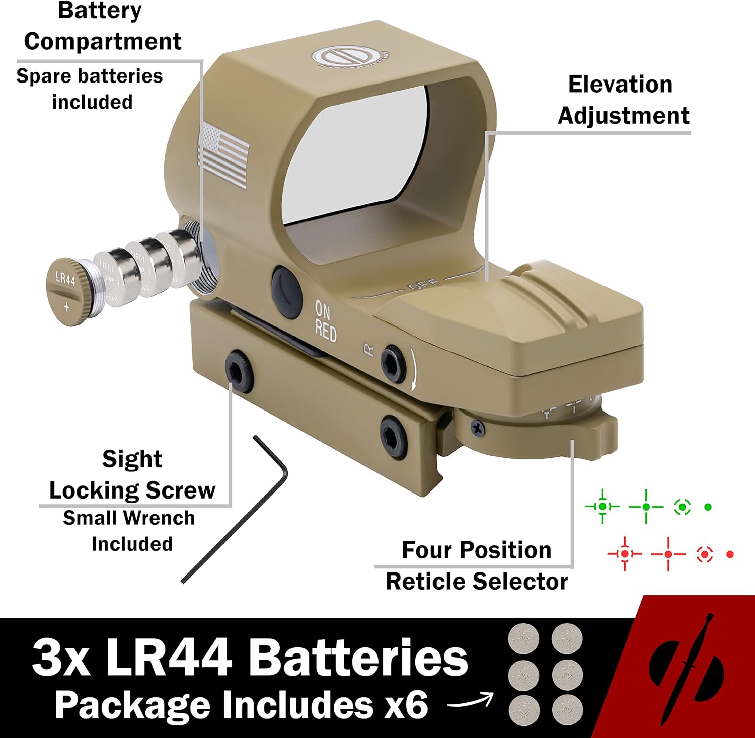 Veteran Owned DD119 Battle Flag Edition red dot Sight, Reflex Sight. Red and Green reticles (Red) : Sports & Outdoors