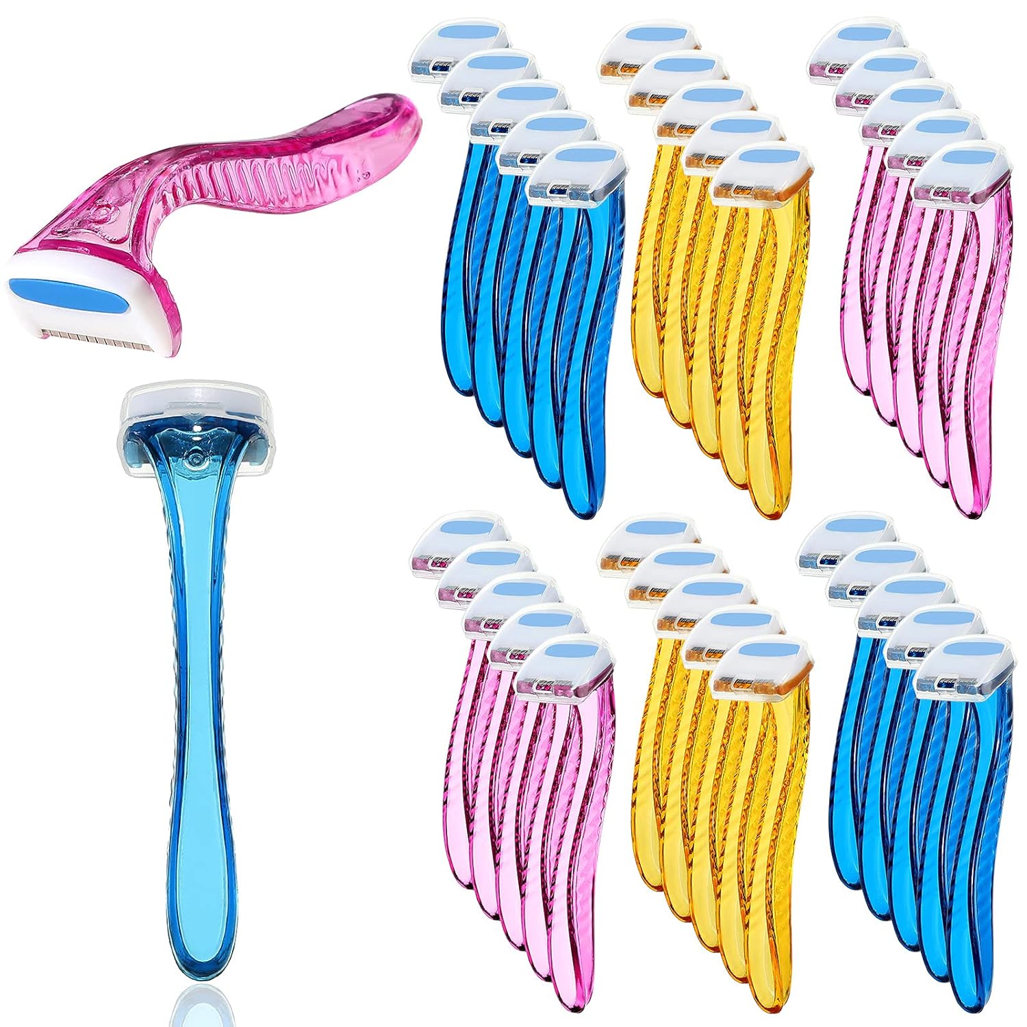 Honoson 30-Pack Bikini Razors for Women - Disposable Travel Trimmers for Armpits, Bikini & Body Hair Removal, Safe Stainless Steel (Pink, Yellow, Blue)