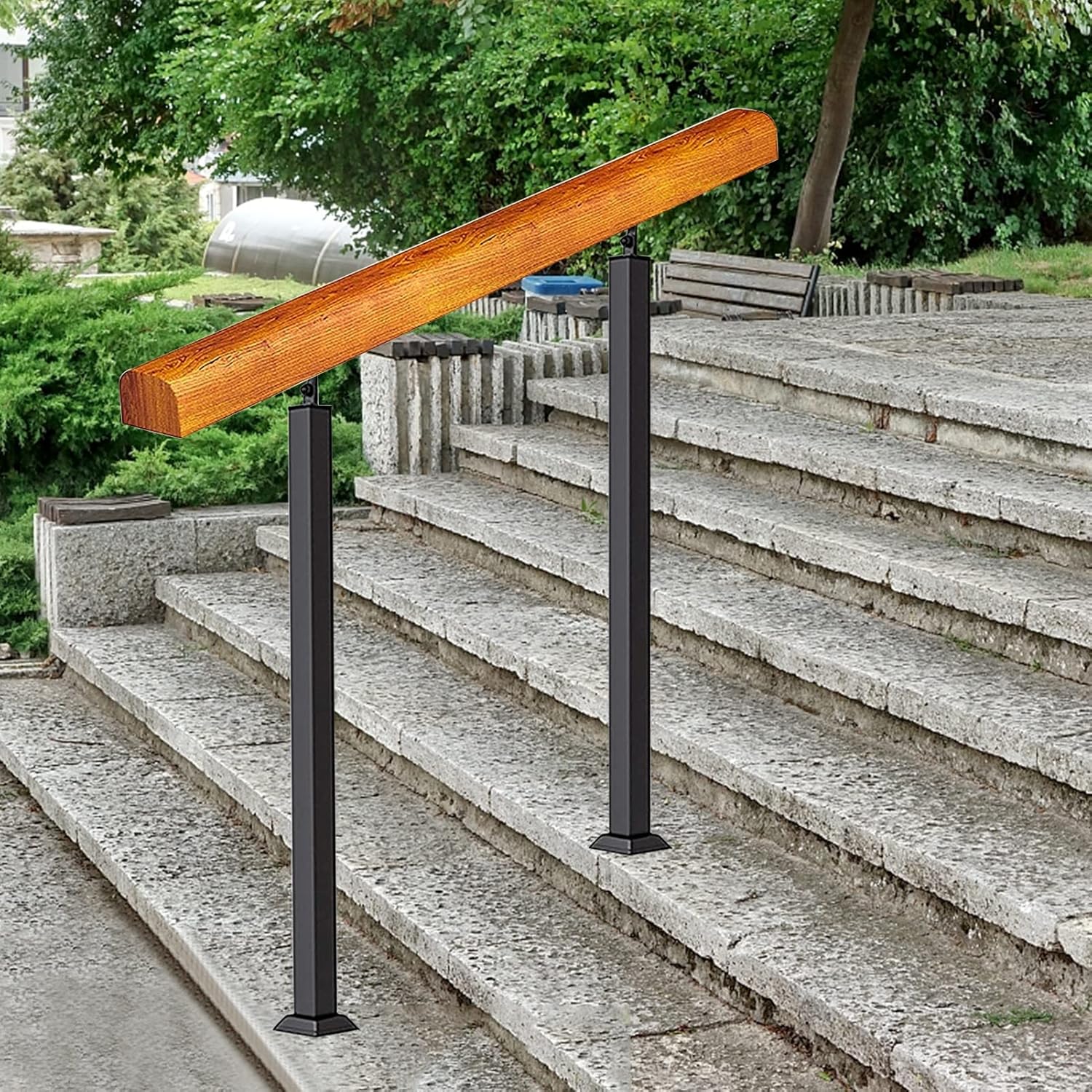ステップ手すり階段手すり手すり無垢材の手すり、2つの調節可能なブラックメタル 手すり屋外の安全無垢材の手すり、2つの調節可能なブラックメタル錬鉄製の支柱、庭の階段のアームレスト用の床置きの木製の調節可能な階段の