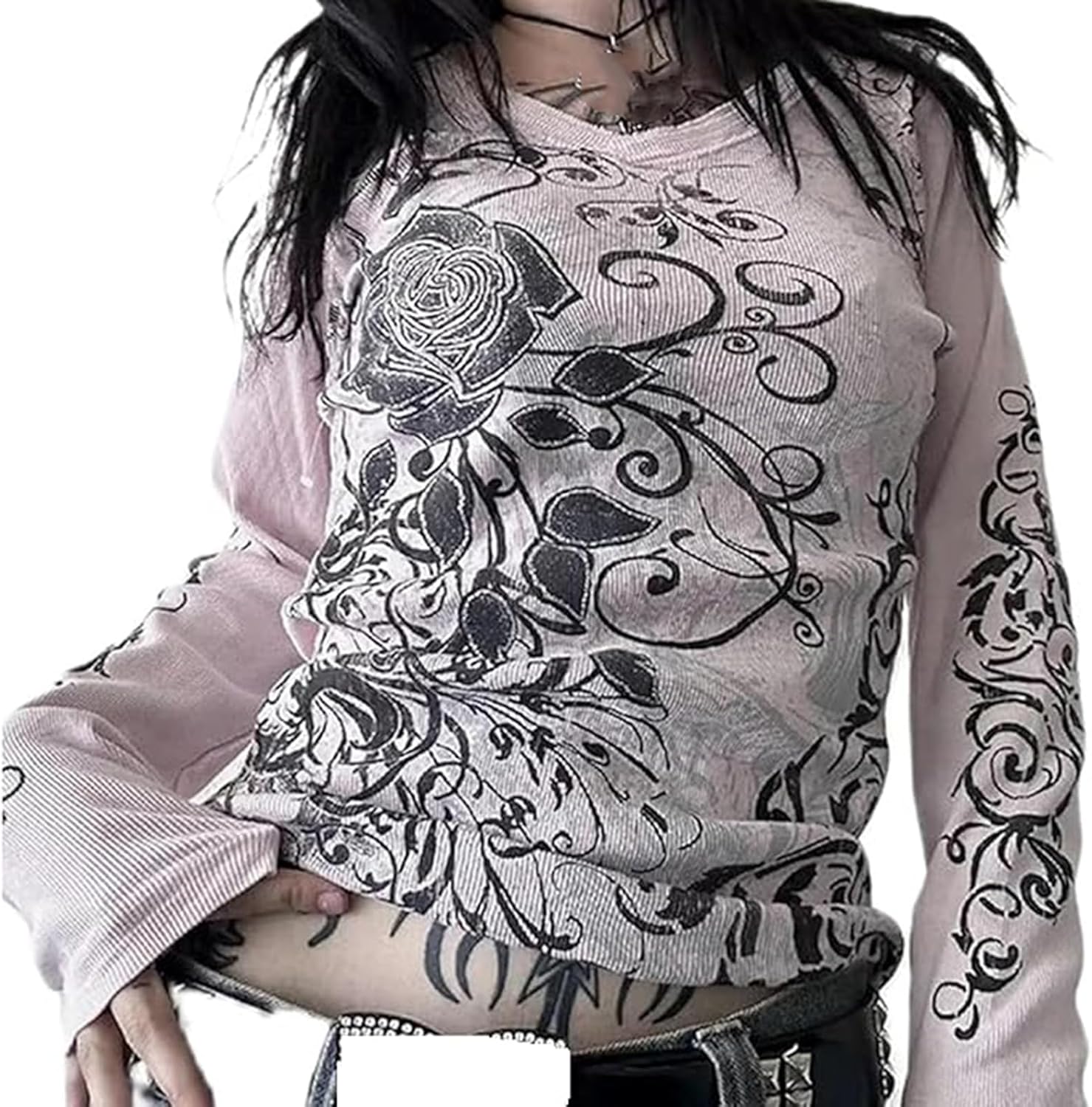 Women Y2K Gothic Graphic Print Long Sleeve Tops Grunge Crew Neck Vintage Shirts Teen Girls Aesthetic Tee Tops