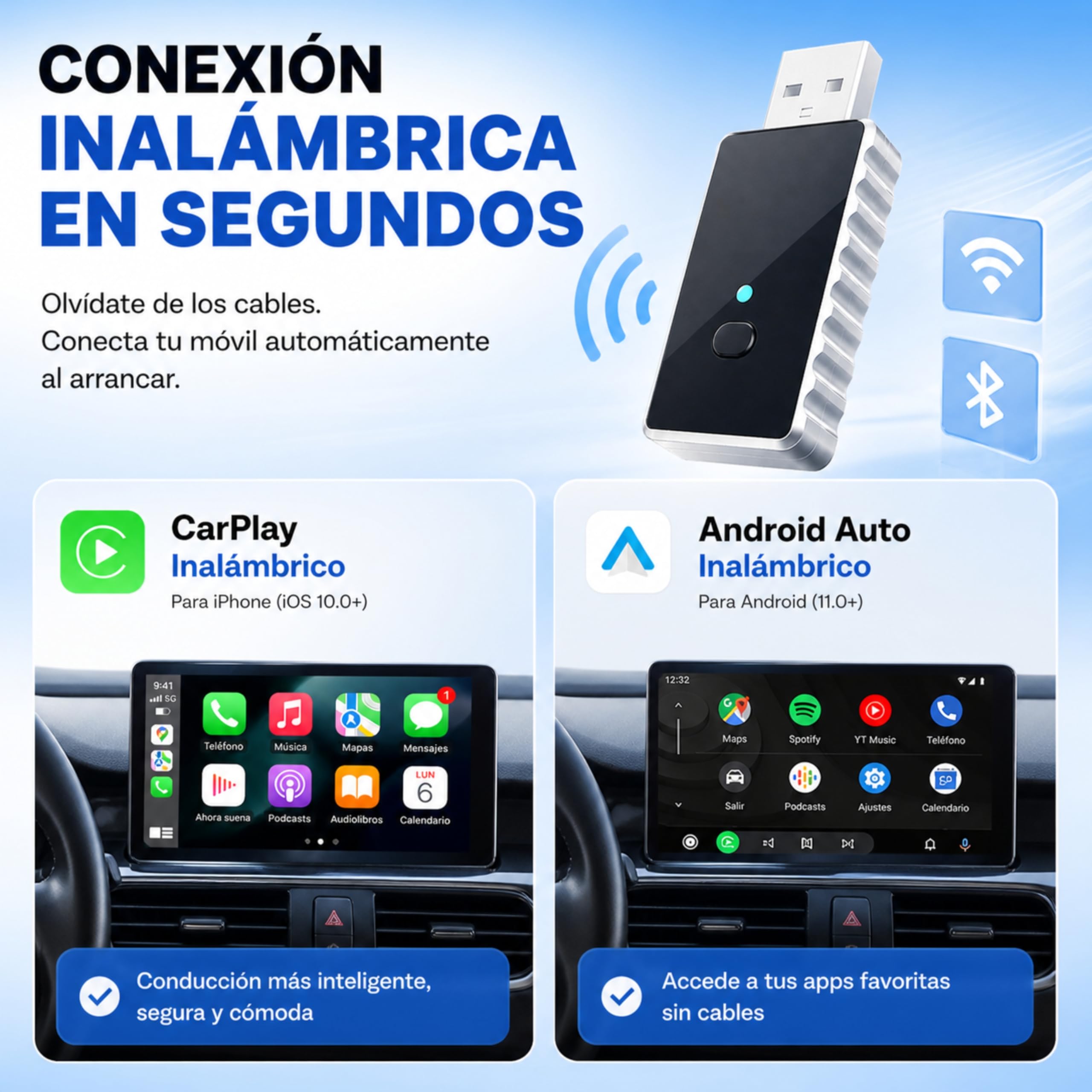 Adaptador CarPlay Inalámbrico 2 en 1. Android Auto inalámbrico USB compacto. Convierte carplay por cable en conexión sin cables rápida y estable Conexión automática en 5s Plug & Play (USB Tipo A PRO)