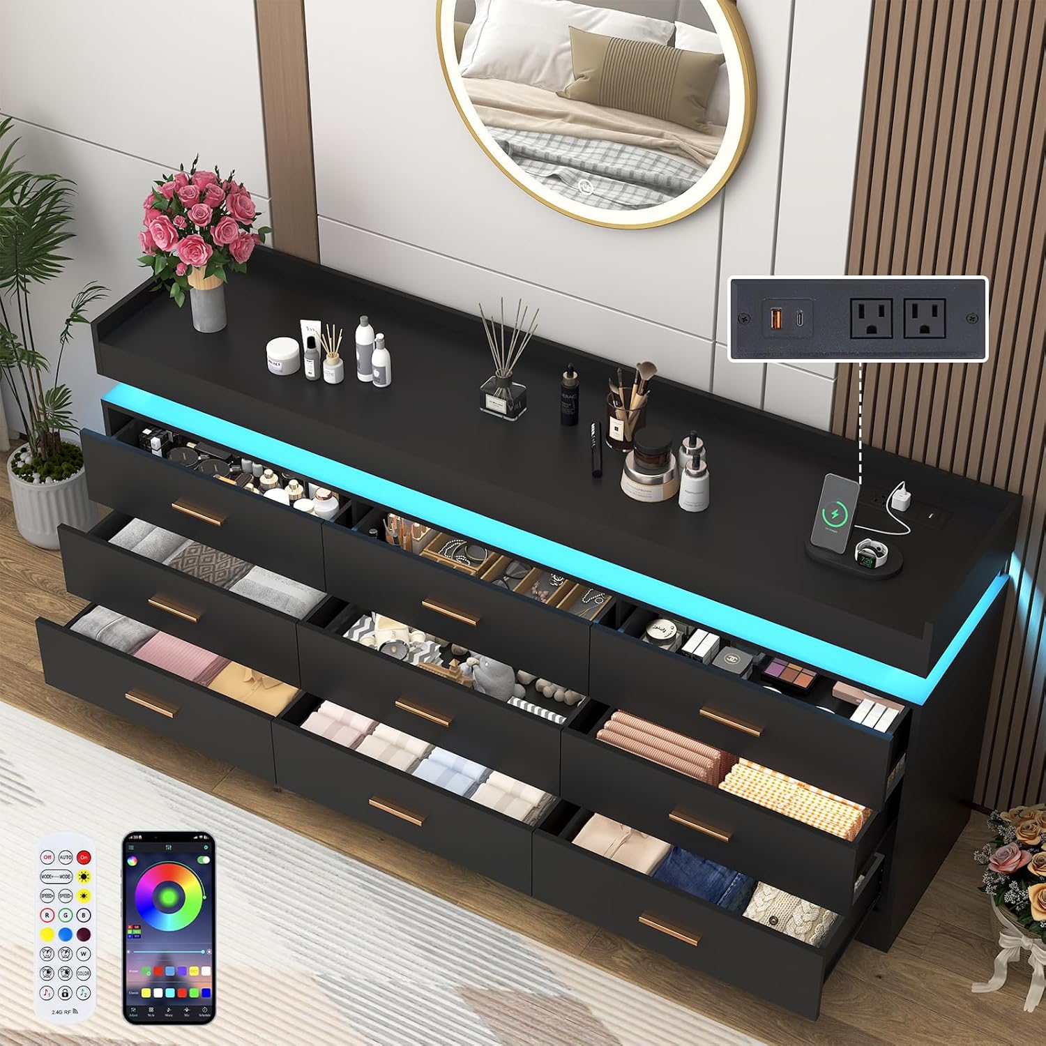 Hlivelood 9-Drawer Dresser with LED Light and Charging Station, showing all nine drawers open, revealing ample storage space for various items.