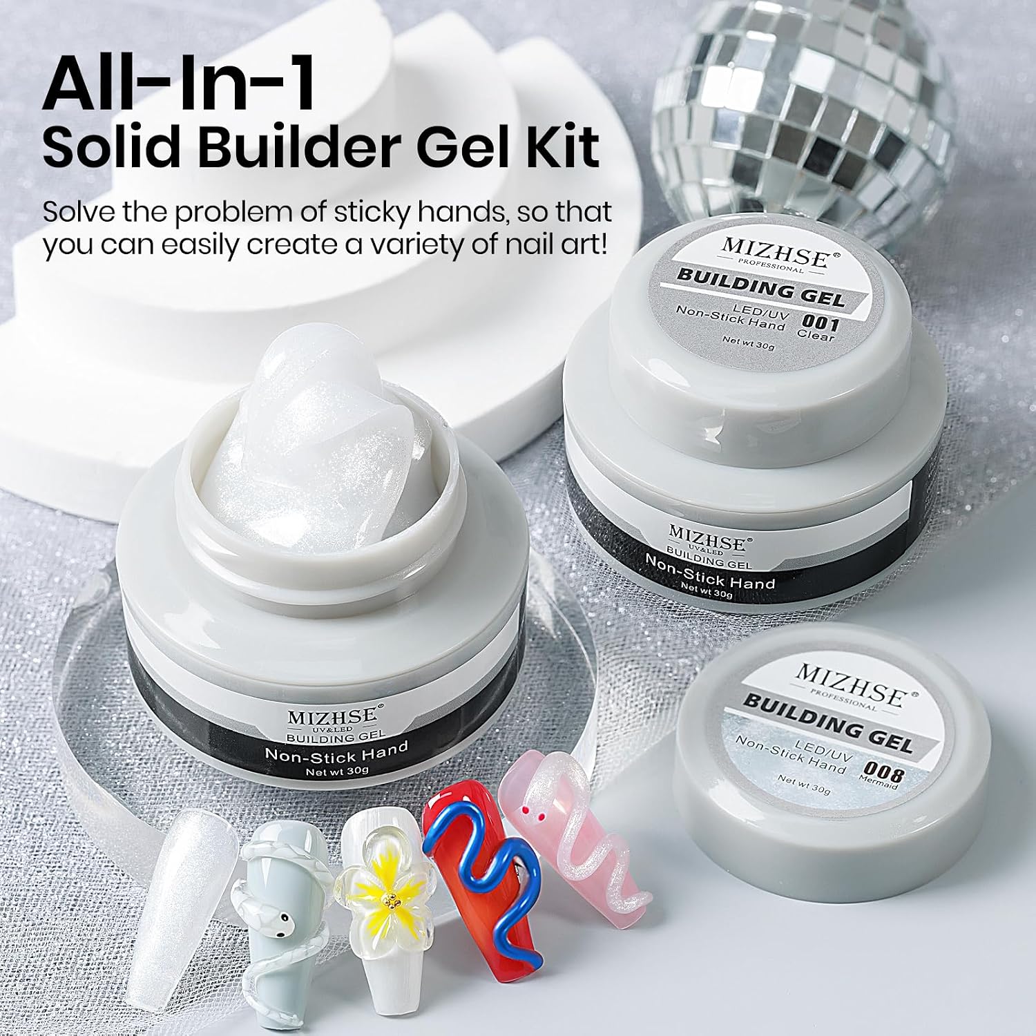 MIZHSE 2PCS 30g 3D Pearl White & Clear Solid Builder Gel for Nails Kit