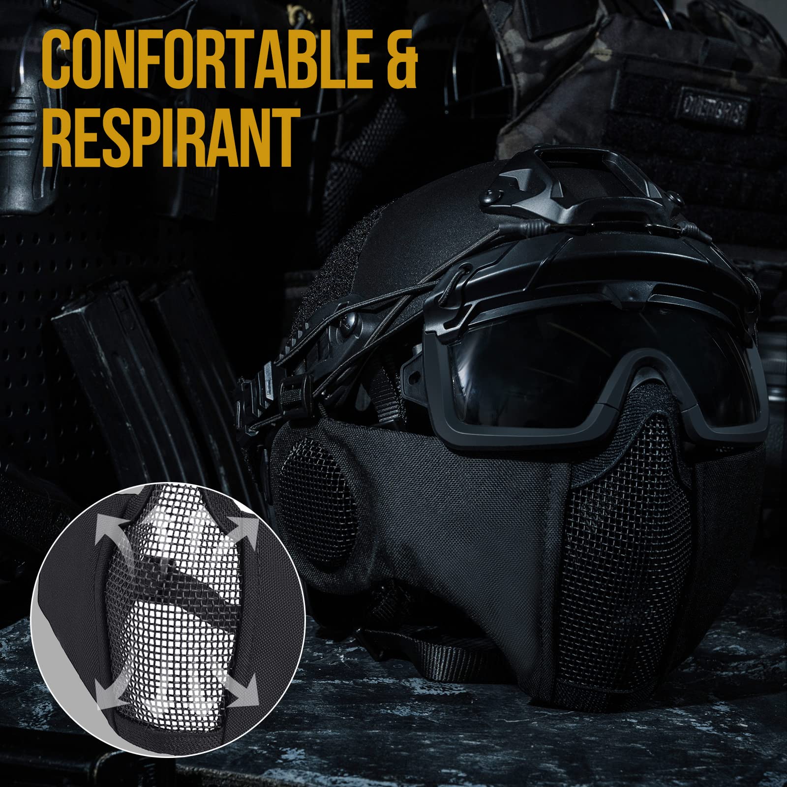 OneTigris Casque Tactique, Casque Airsoft Fast de Protection intégral avec Masque de Protection des Oreilles Pliable et Lunettes pour Airsoft/Paintball/Shooting Wargame/CS - 3
