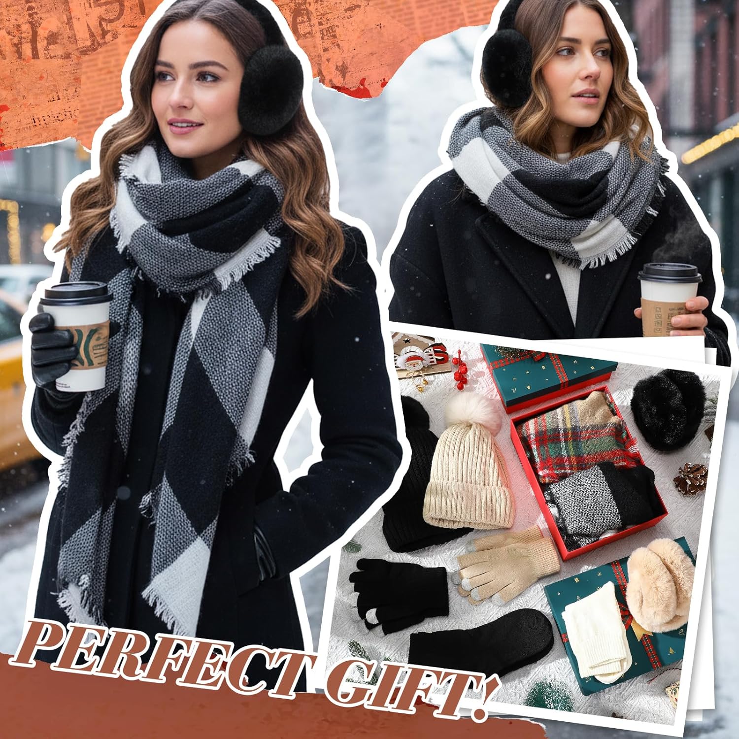 10 Pcs Winter Beanie Hat Scarf Gloves Ear Muffs Socks Set Knit Beanie Hat with Pompom Touch Screen Gloves for Women (Black, Beige) - Image 6