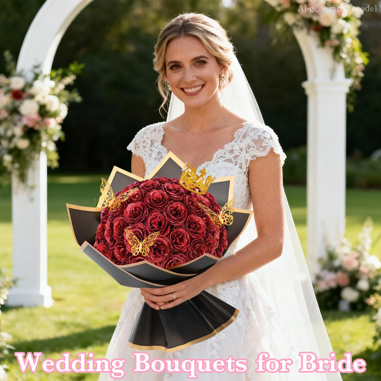 Waipfaru Bouquet di 24 rose rosse artificiali glitterate, per anniversario, fidanzamento, matrimonio, fai da te