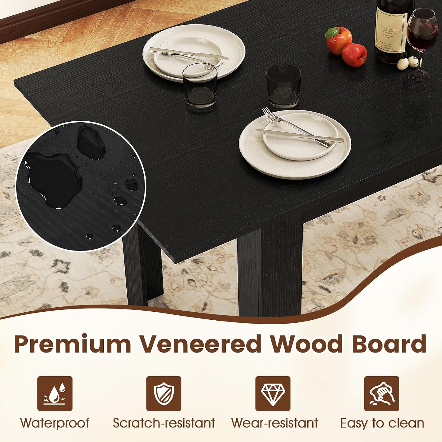 Close-up of the table surface showing its waterproof, scratch-resistant, wear-resistant, and easy-to-clean properties