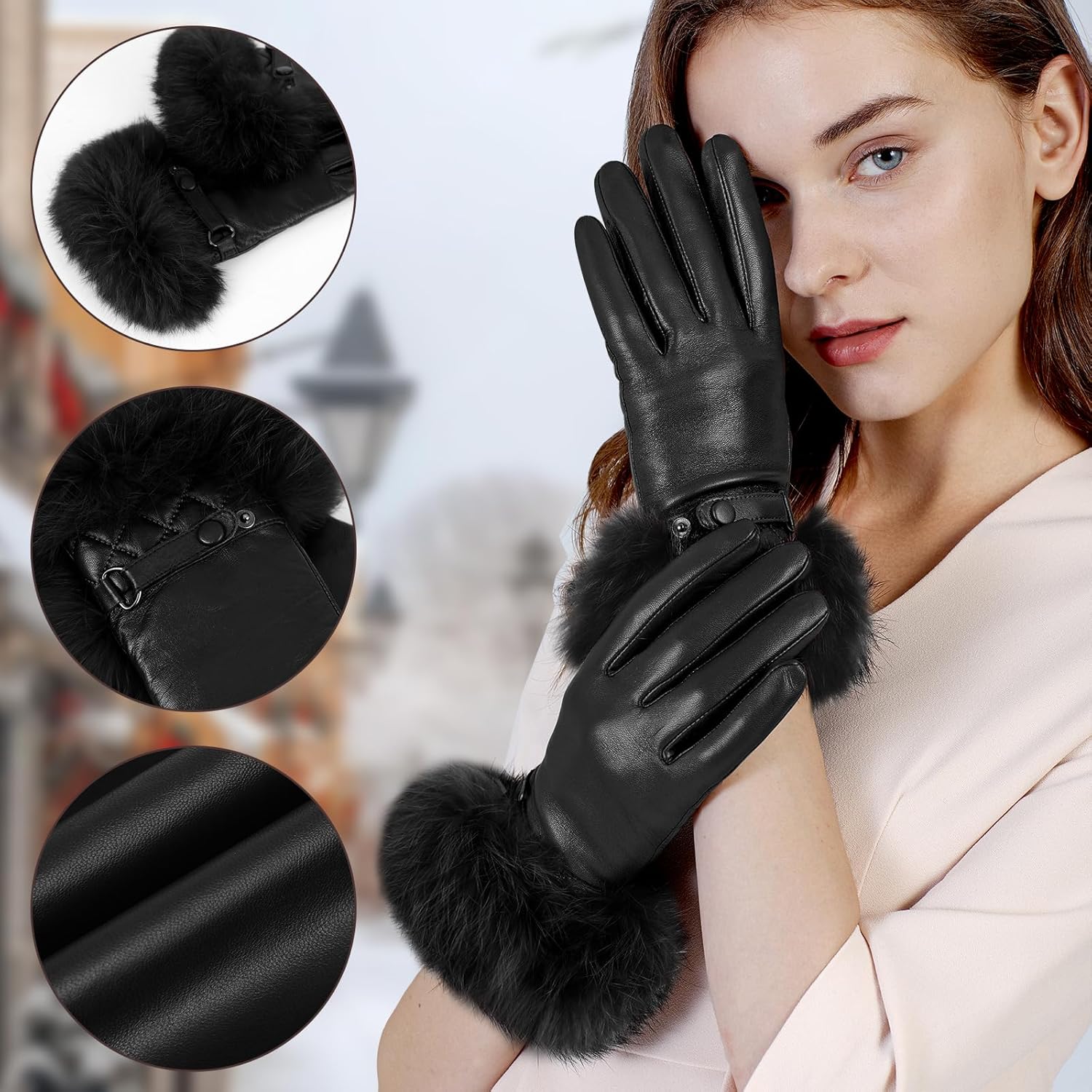 GSG Women Leather Gloves Luxury Rabbit Fur Cuff Winter Touchscreen Warm Driving Gloves - Image 5