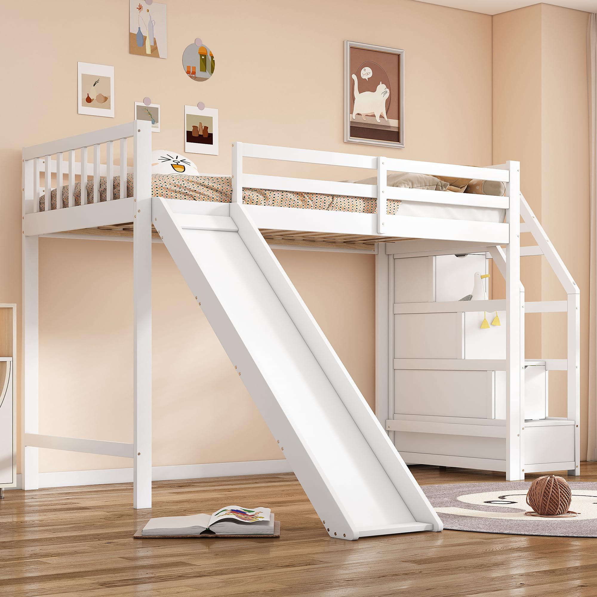 Kinderbett mit Rutsche und Treppe (Ablageleiter), Hochbett 90x200cm, Bett mit Lattenrost & Rausfallschutz, Bettrahmen aus Massivholz, für Kinder und Jugendliche, EN747 Zertifiziert, Weiß