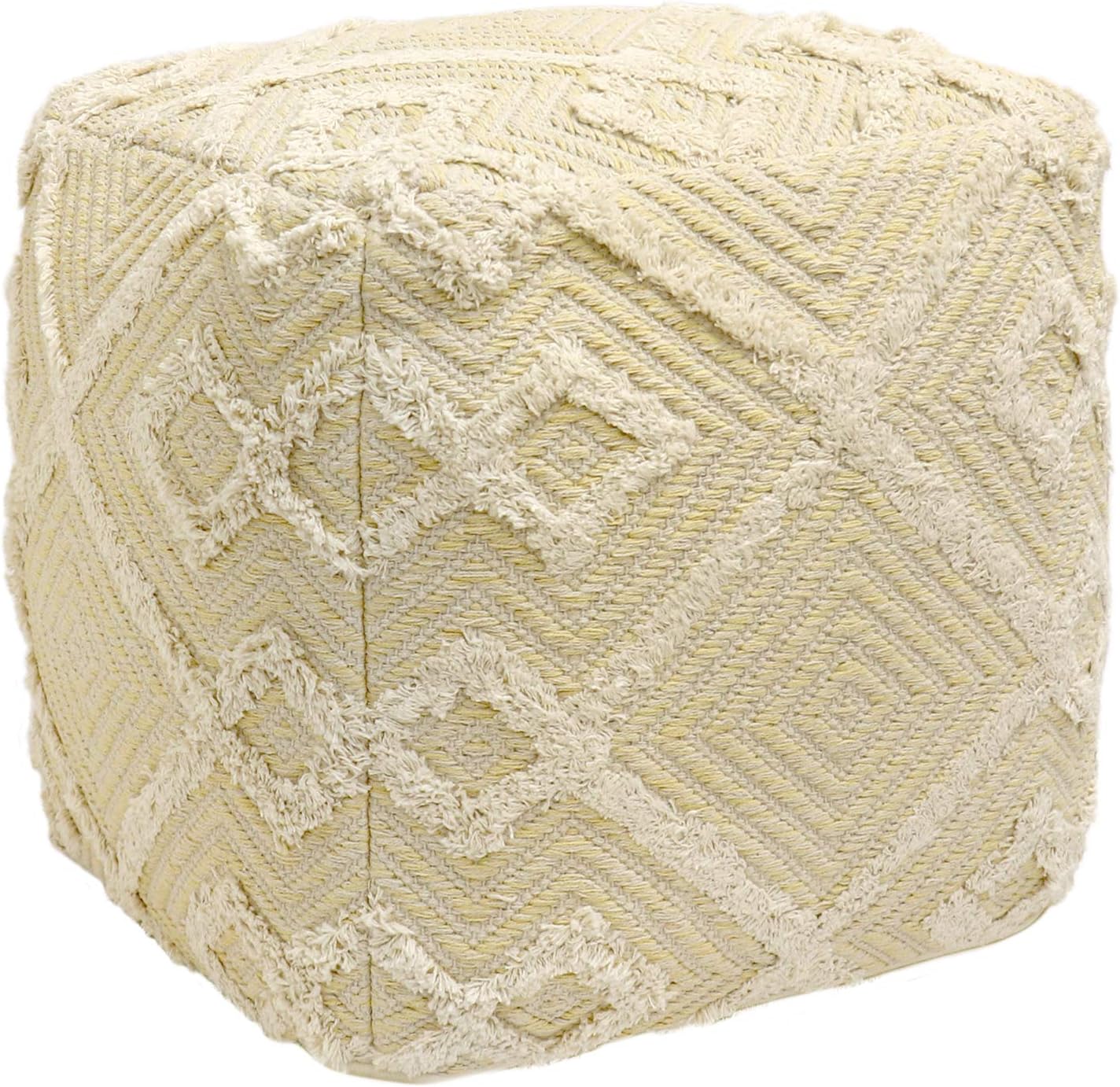 Pasargad Home Grandcanyon Premium Cotton Pouf, 100% Cotton Pouf, Hand Woven- Polly Beads Stuffed Pouf- Sitting, Foot Stool – Square Poufs for Living Room – Luxury Room Decor, 17″x17″x17″, Yellow/Ivory