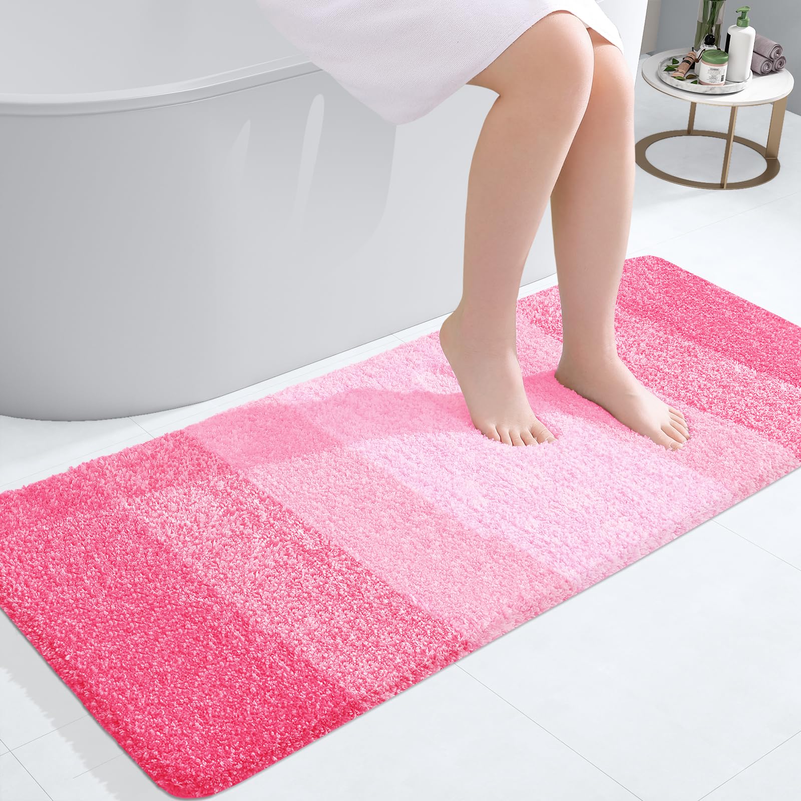 OLANLY Bathroom Runner Rug 47x20, Extra Soft Absorbent Microfiber Bath Rugs | Pink, Non-Slip Quick-Drying Rubber Backing, Machine Washable Long Bath Mat for Floor, Tub and Shower, Home Decor Accessories