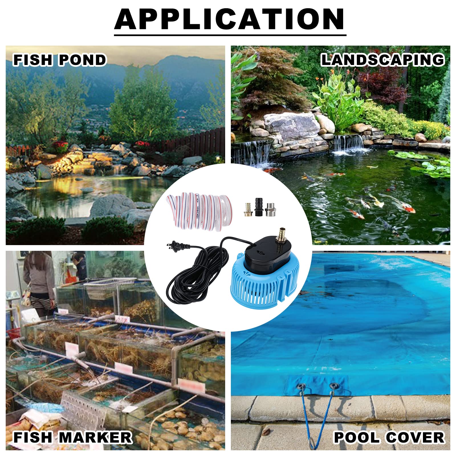 Yaegoo Pompa di copertura per piscina, AC 110 V 850 GPH fuori terra, pompa dell'acqua sommergibile con tubo di drenaggio da 4,9 m e 3 adattatori
