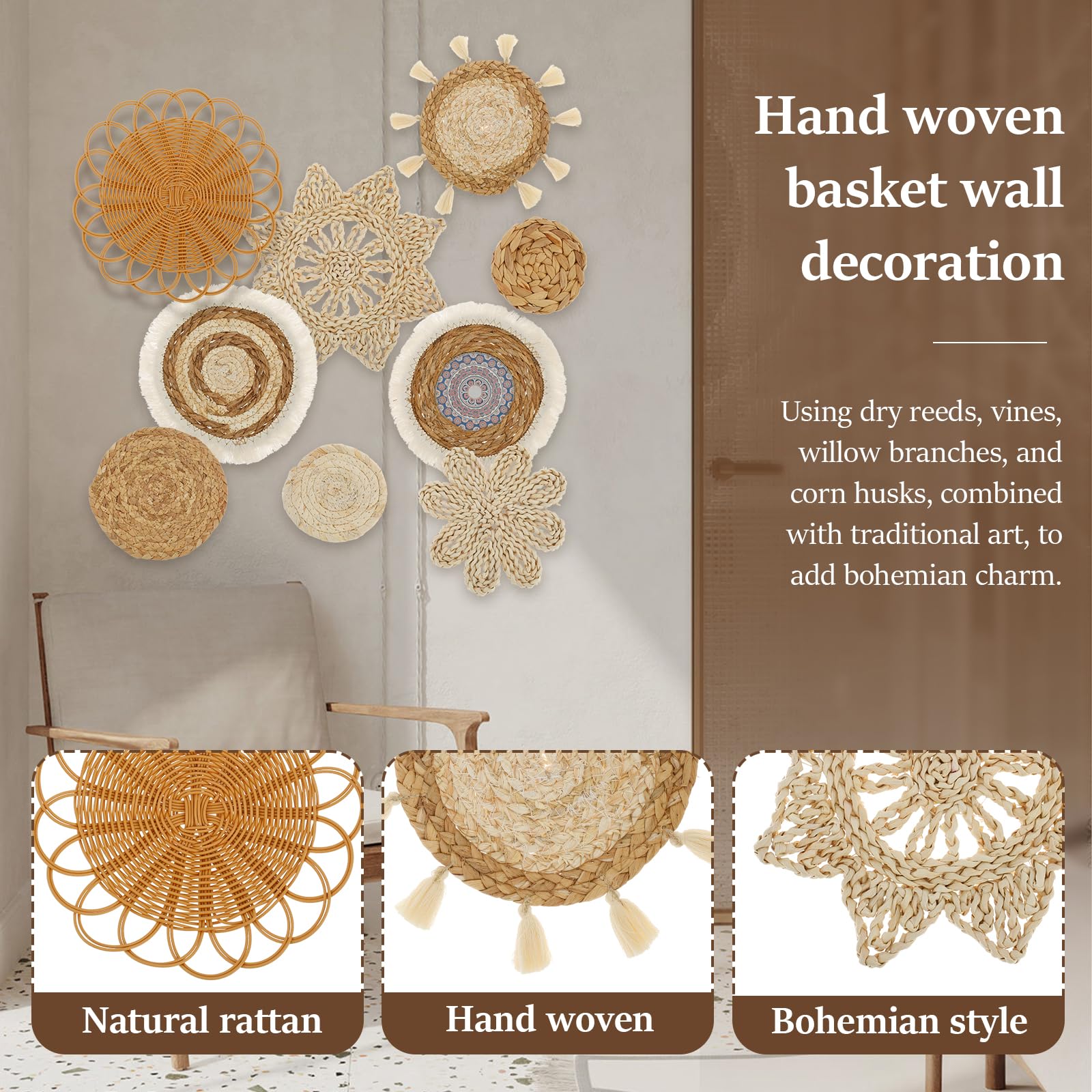 9 cestas de pared bohemias, decoración de pared de mimbre de ratán, decoración de pared tejida para colgar, arte de pared redondo hecho a mano para sala de estar, dormitorio, mesa de exhibición,