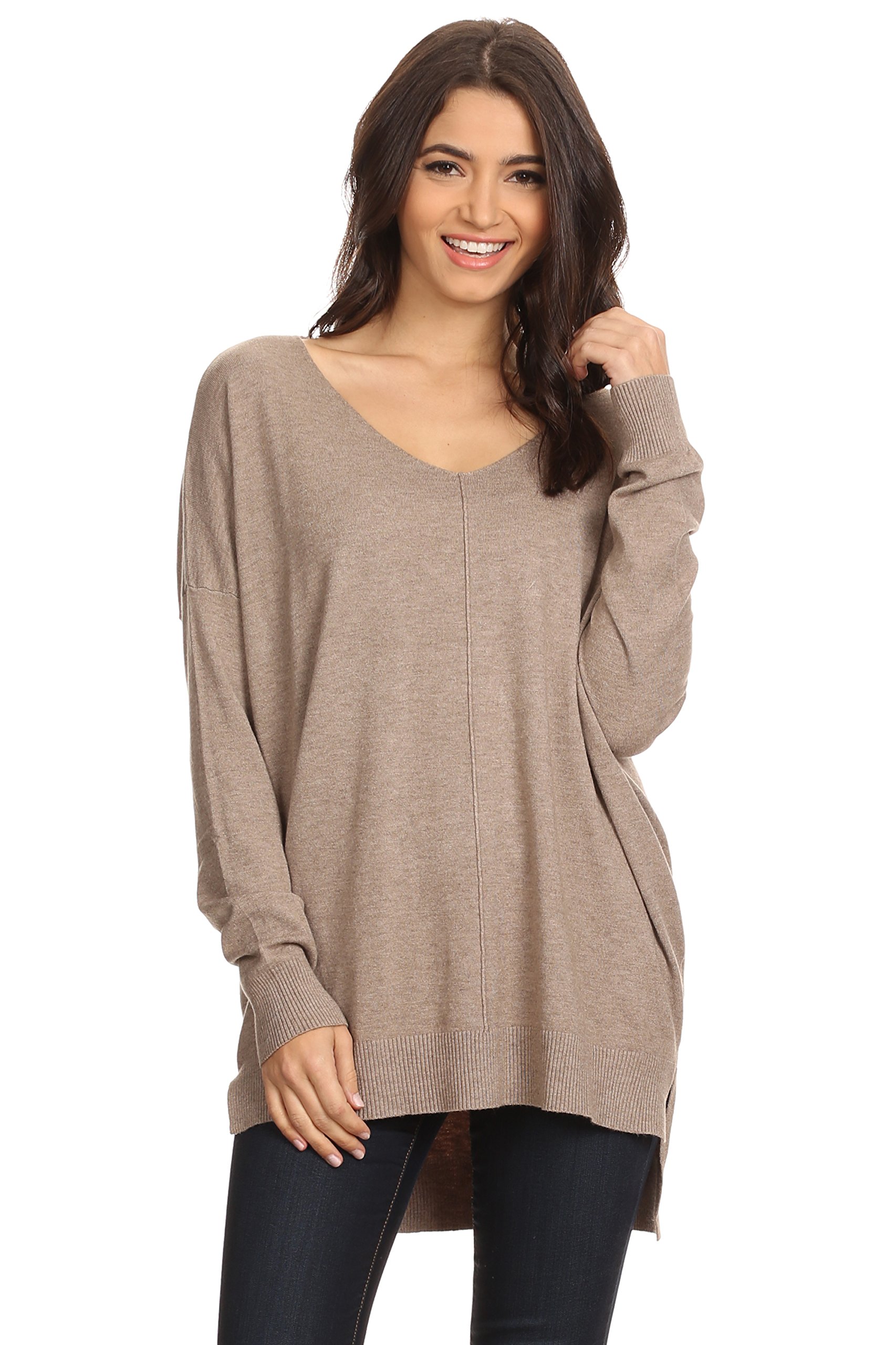 A+D Women's Oversized Extra Soft V-Neck Pullover Sweater Long Sleeved Sweater Top with Hi-Low