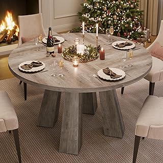 IDEALHOUSE 47" Round Dining Table for 4-6, Wood Kitchen Table with Sturdy Base, Farmhouse Circle Dinner Table for Dining Room, Living Room, 4 Strong Legs, Grey