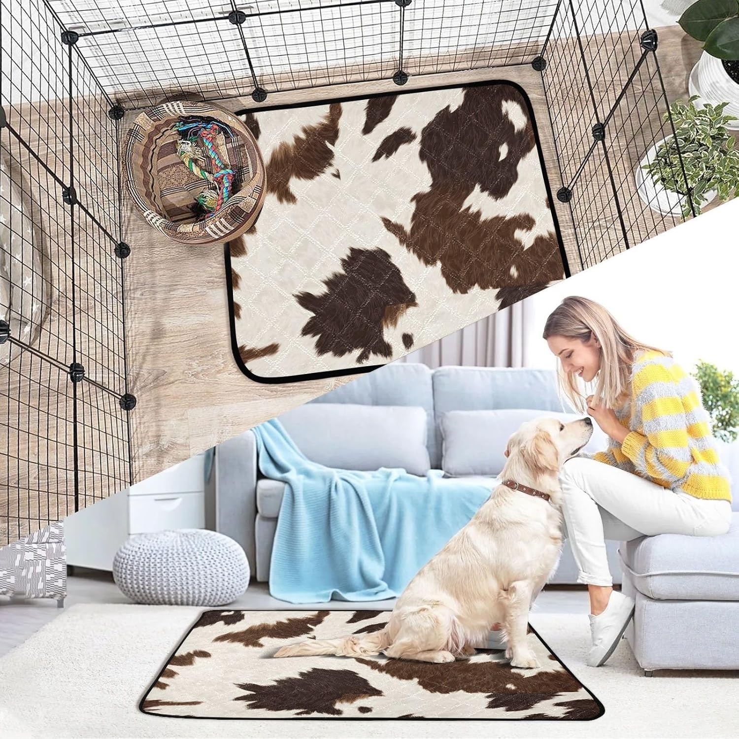 Cow Print Washable Pee Pads for Dogs, 2 Pack Non-Slip Reusable Dog Pads Waterproof Whelping Training Pet Mat for Potty, Crate, Playpen, Bed, Sofa