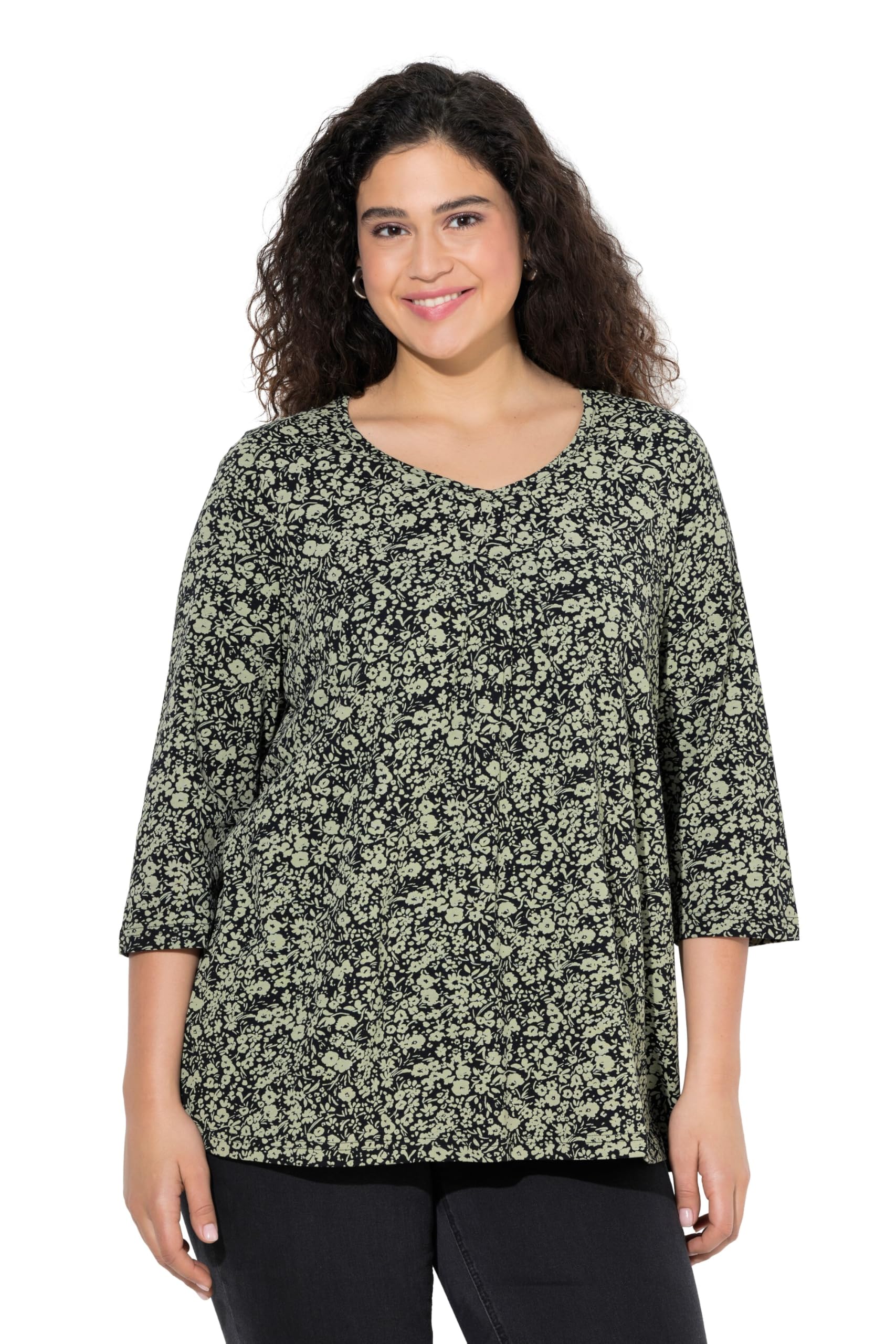 Ulla Popken Damen große Größen Übergrößen Plus Size Shirt, Blüten, Zierfalten, A-Linie, V-Ausschnitt, 3/4-Arm 842071