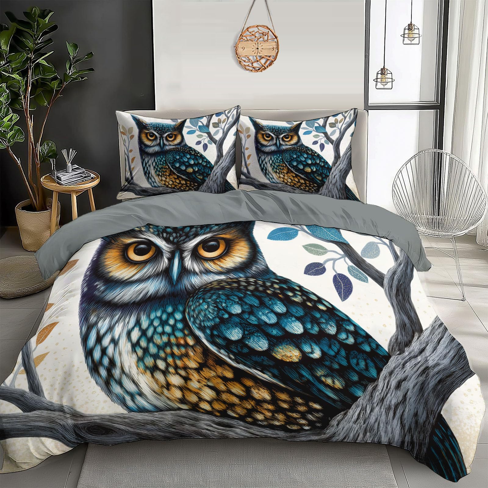 Housse de couette 240x260 enfant parure de lit microfibre imprimée 3d dessin hiboux design
