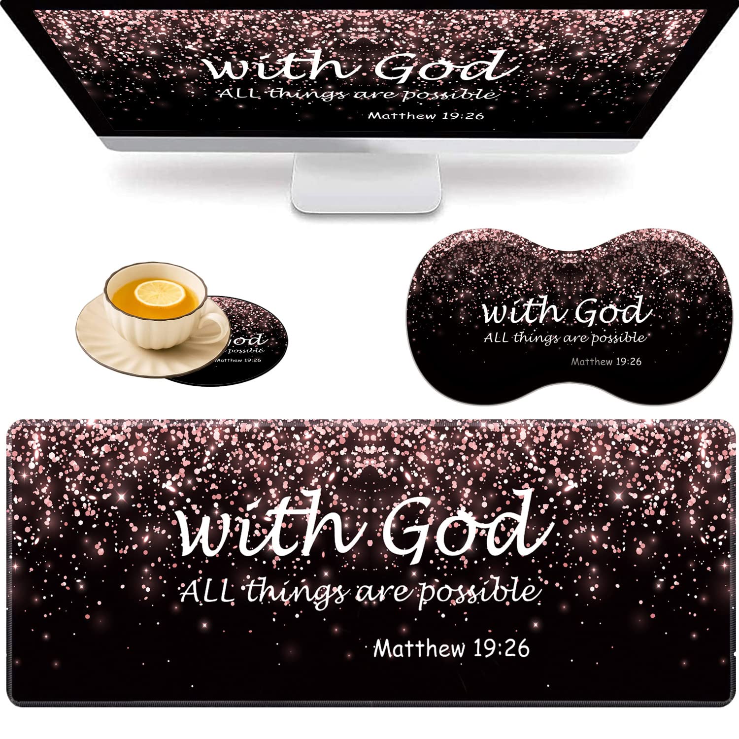 VSOJSOJKELarge Game Mouse Pad + Wrist Support Pad + Coffee Coaster, Rose Gold Glitter Black Matthew 19-26 Foldable Table Mat with Stitched Edge, Non-Slip Set Pad Suitable for Office Work and Home