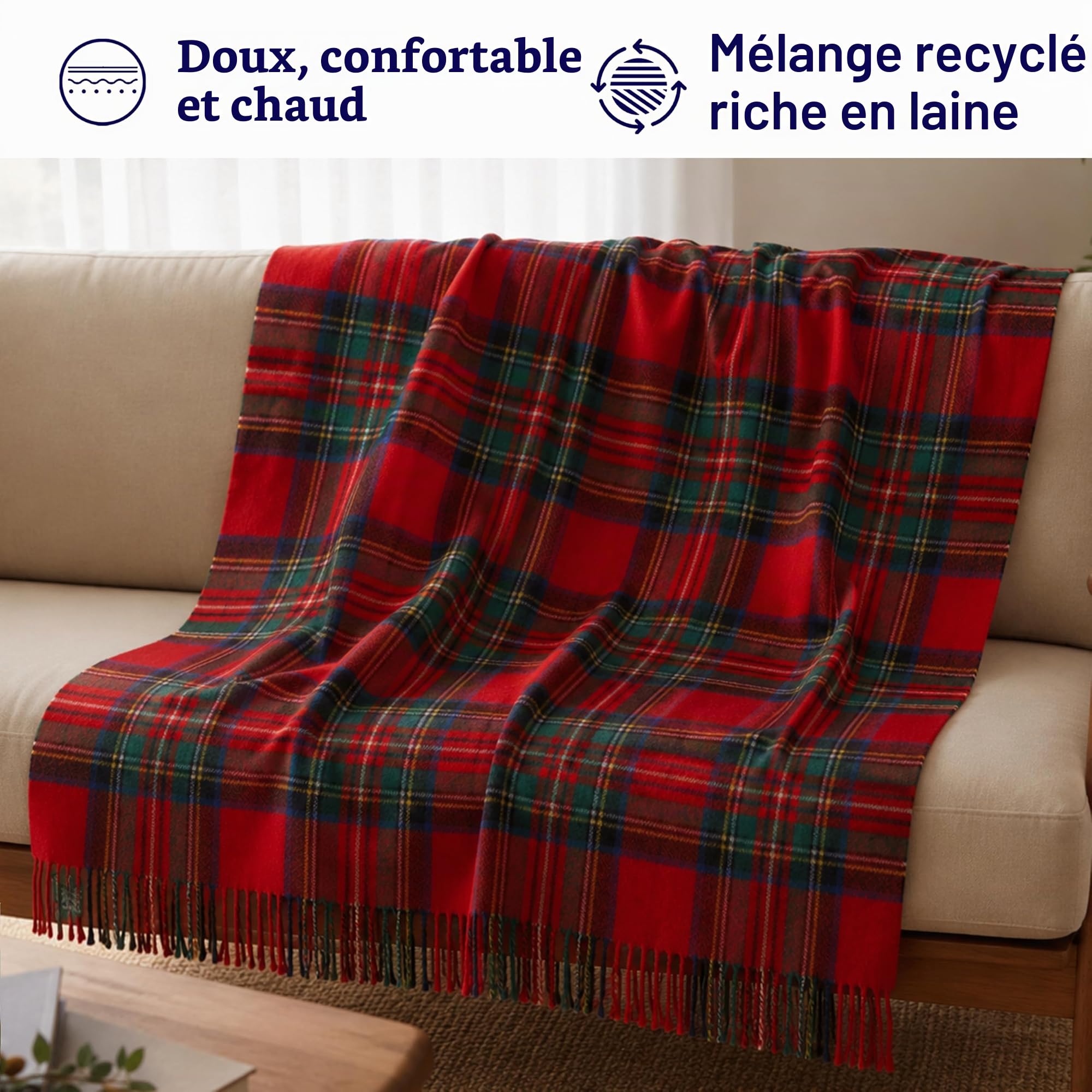 Couverture en Laine Douce à Carreaux Tartan - 185 x 77 cm - Motif Tartan écossais avec Franges - Couverture Chaude pour canapé, Voyage et Voiture pour la fête des mères ou Noël