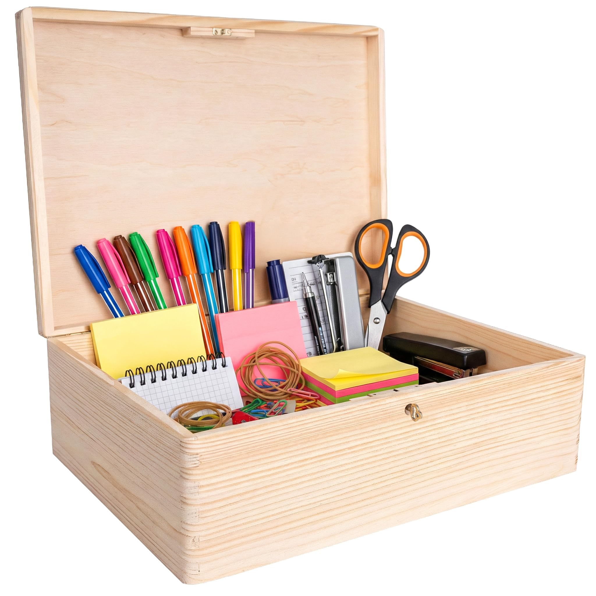 Creative Deco XL Large Plain Wooden Storage Box | 40 x 30 x 14 cm (+/-1 cm) | with Lock, Hinged Lid & Key | Unpainted Gift Easter Box | ROUGH UNSANDED Wood Keepsake Memory Craft Chest โ image 1
