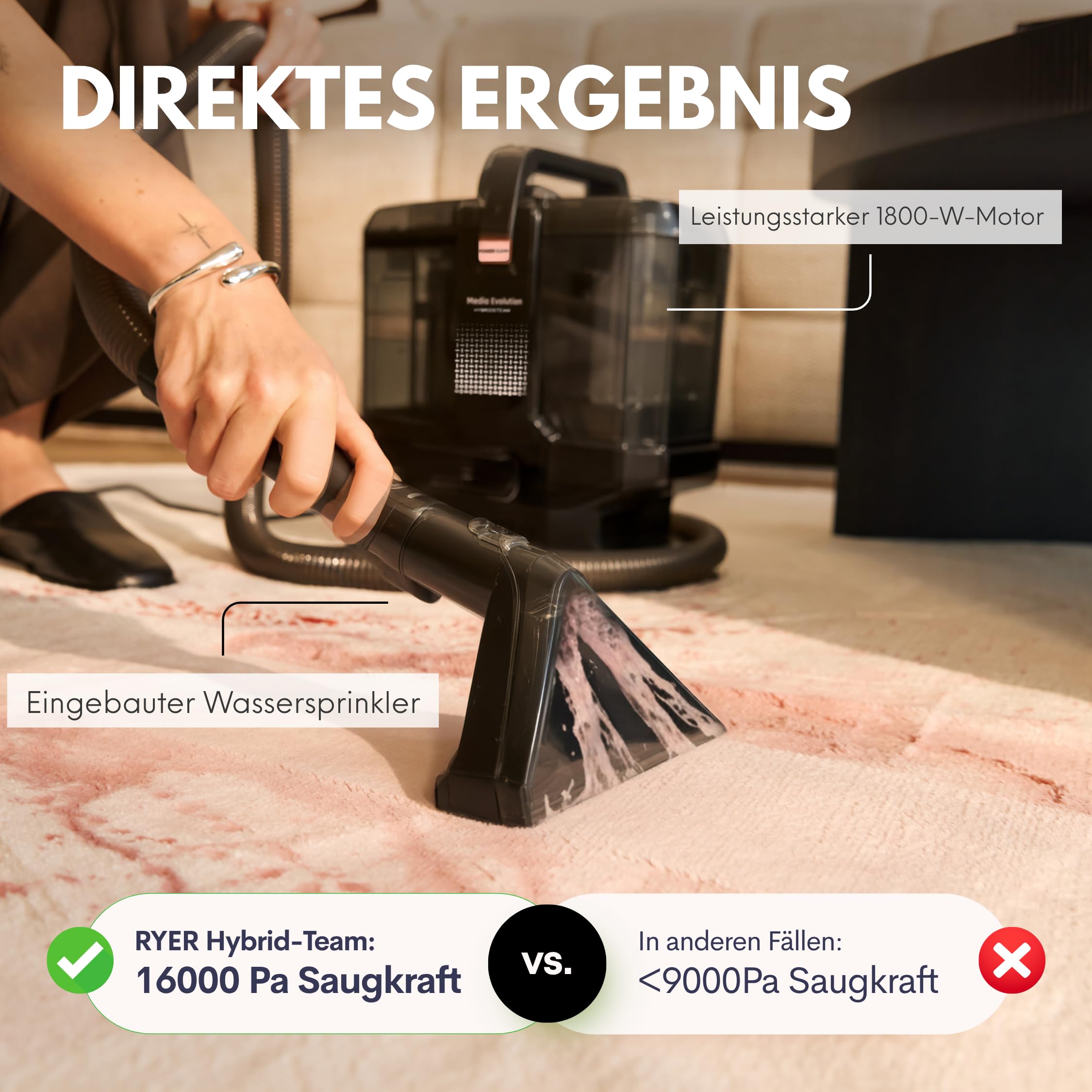 Media Evolution Polsterreiniger Gerät und Nassauger | Teppichreiniger und Dampfreiniger, 8 Aufsätze, 1800 W, 100 °C Dampf, Für Teppich, Polster, Autositze, Sofa, Möbel, Matratzen