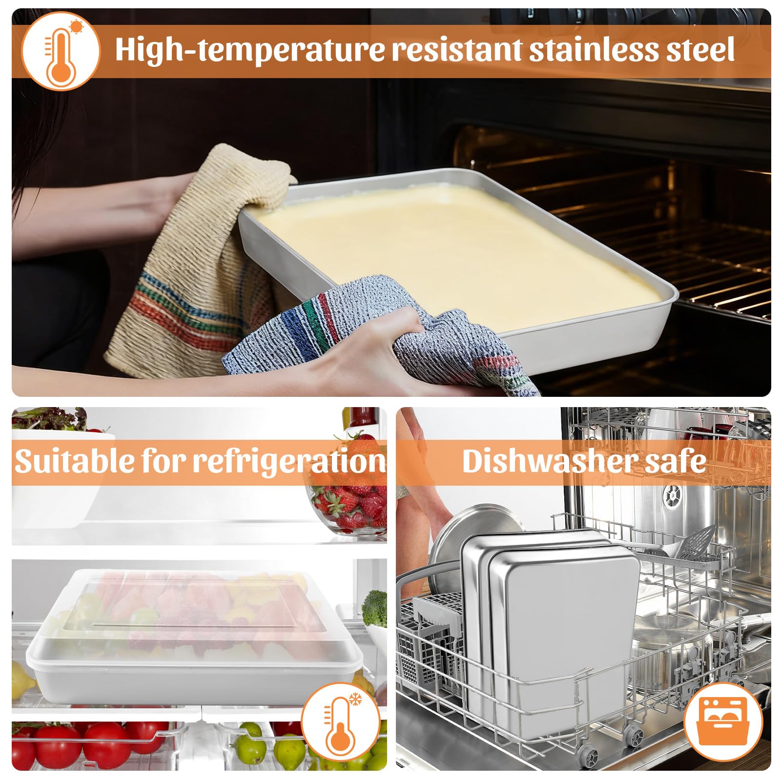 WOPPLXY Set di 3 teglie con coperchio, 31 x 24 x 5 cm, teglia con coperchio, in acciaio inox tiramisù con coperchi per torte e lasagne, lavabili in lavastoviglie