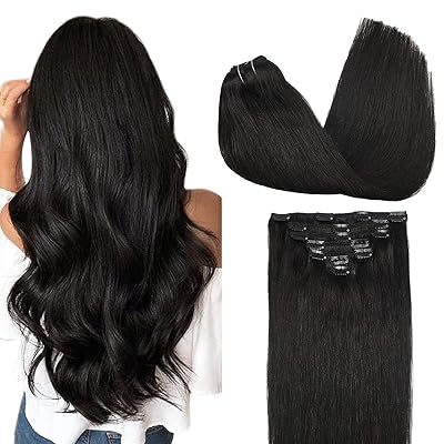 GOO GOO Clip in Hair Extensions Real Human Hair, Remy Human Hair Extensions Clip ins for Women, Natural Human Hair, 24inch 120g 7Pcs, 1B Natural black