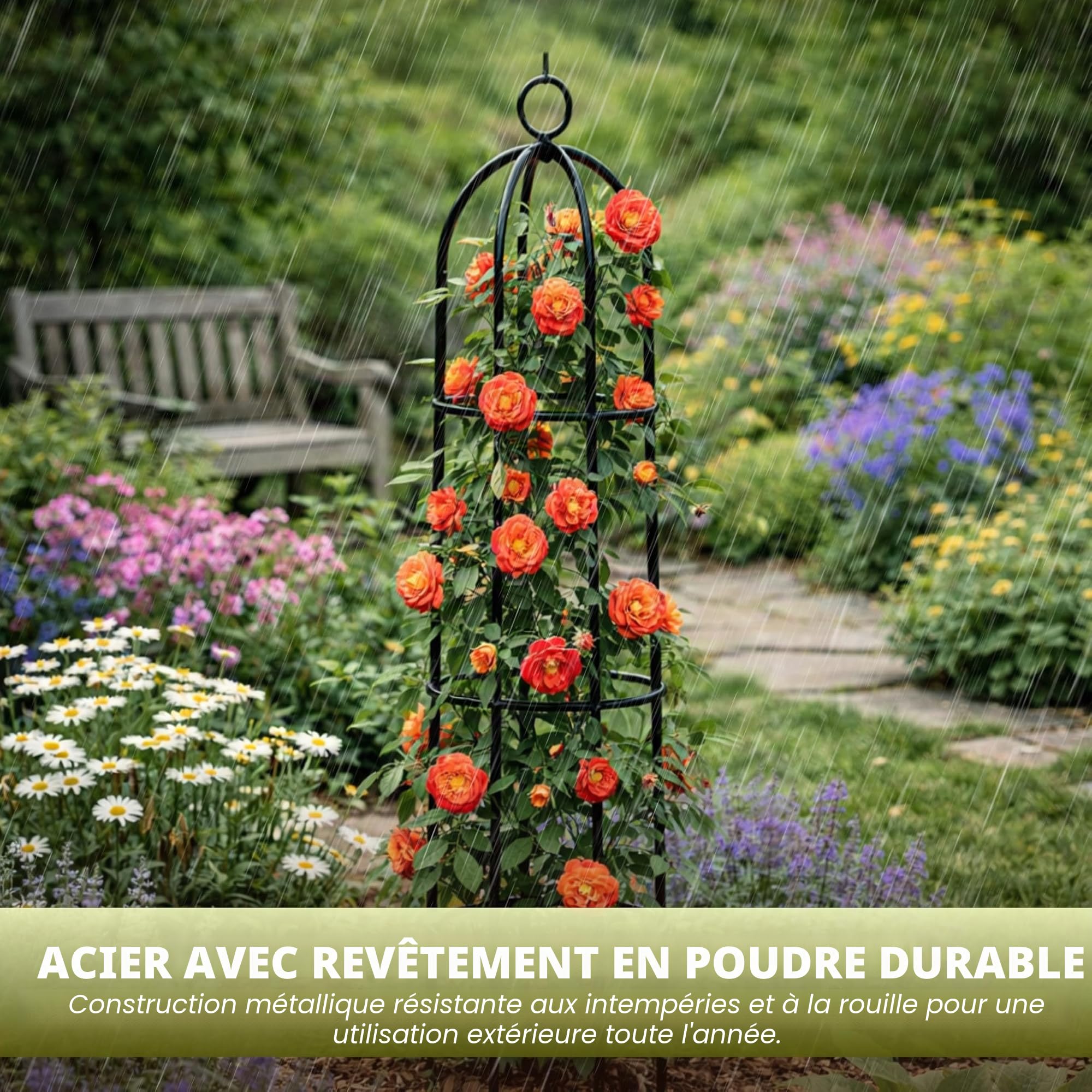 Garden Mile® Grand obélisque décoratif de jardin - Solide structure tubulaire en métal pour rosiers, plantes grimpantes - Hauteur de 2 m, noir