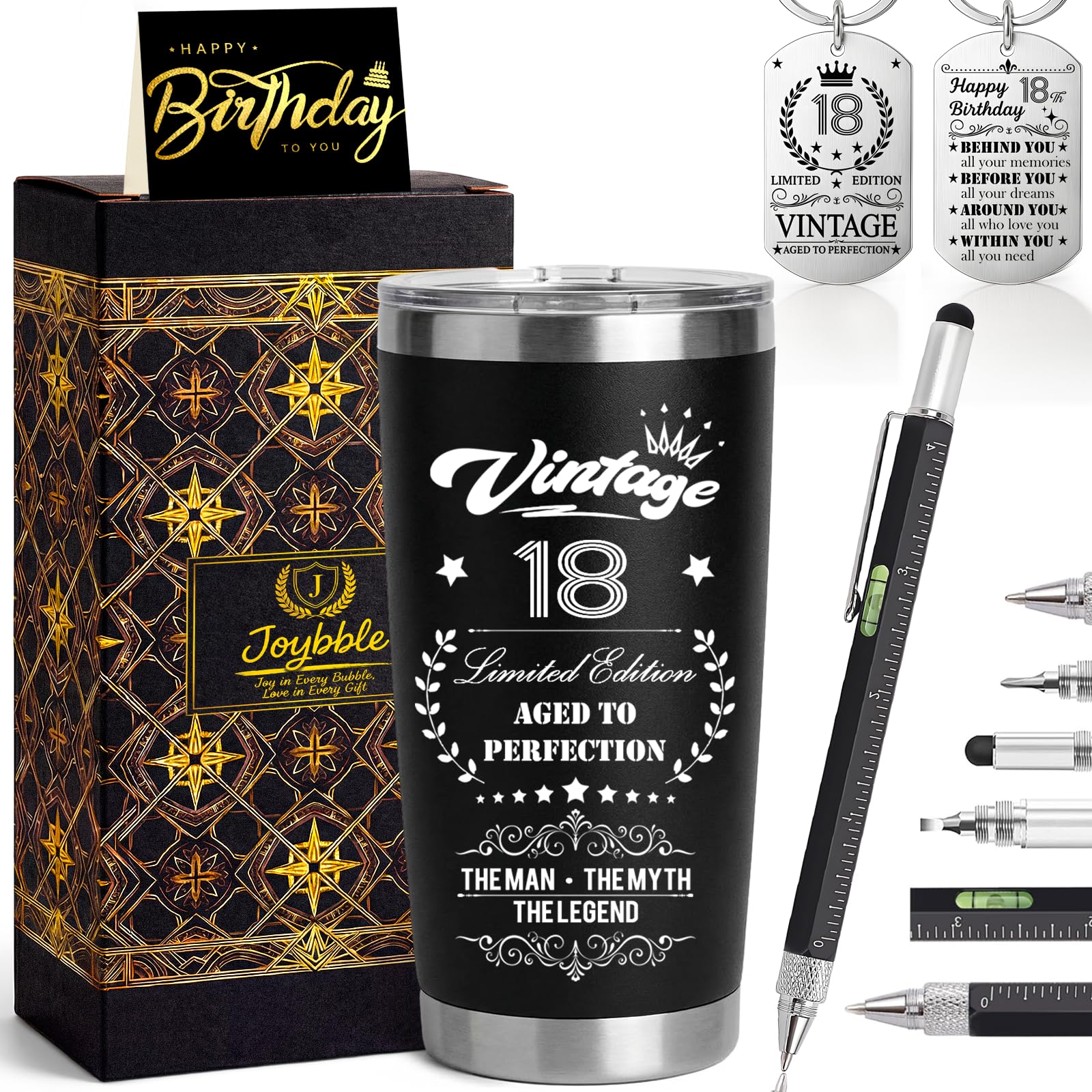 Joybble Gifts for Boys, Boys 18th Birthday Gifts, Unusual Gift Ideas for Him, 20oz Stainless Steel Travel Tumbler Gift Set for Men, Cool 6 in 1 Multitool Pen Gadgets Presents for Son Grandson