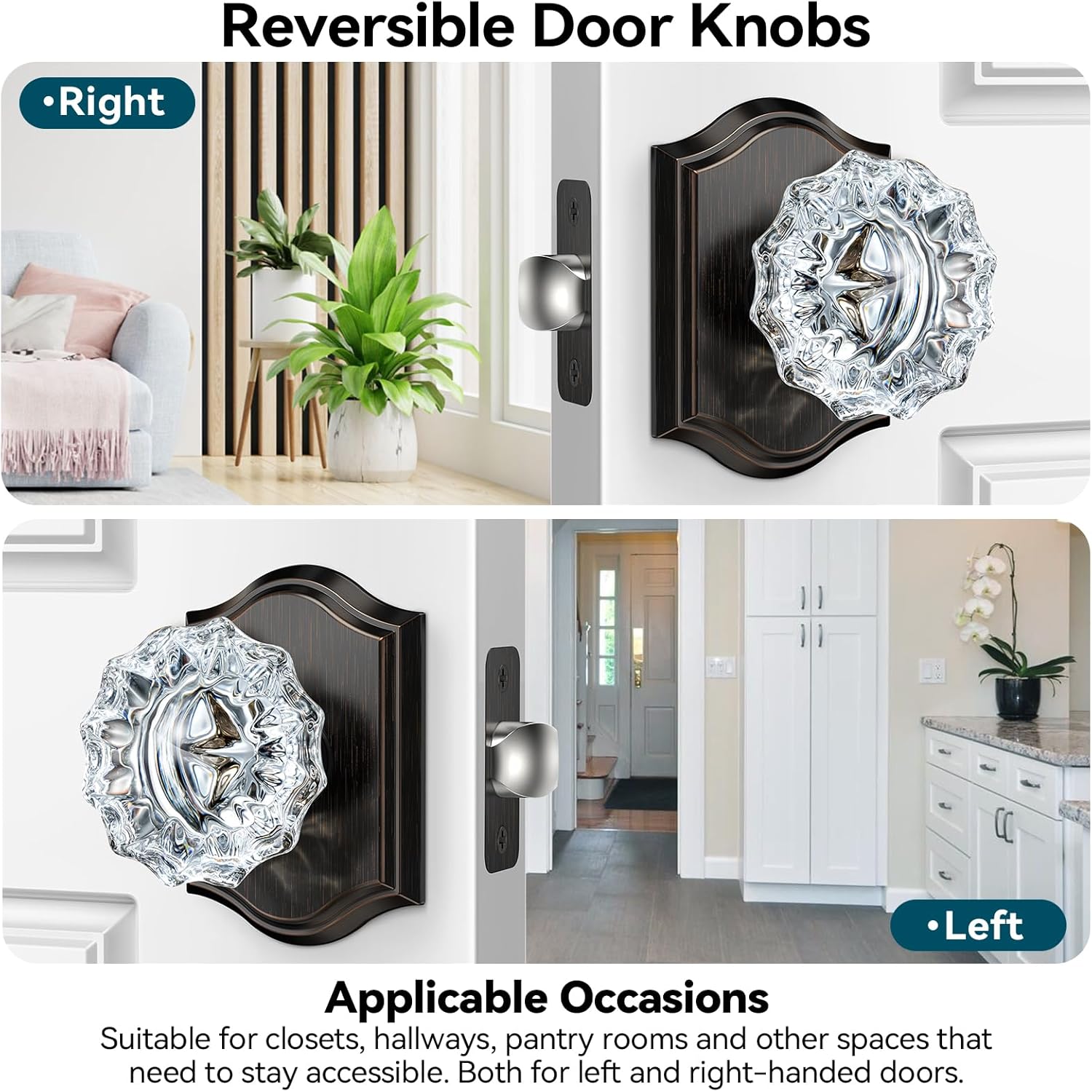 3 Pack Crystal Door Knobs - Vintage Glass Crystal Door Knob Set for Hall and Closet, Oil Rubbed Bronze Finish