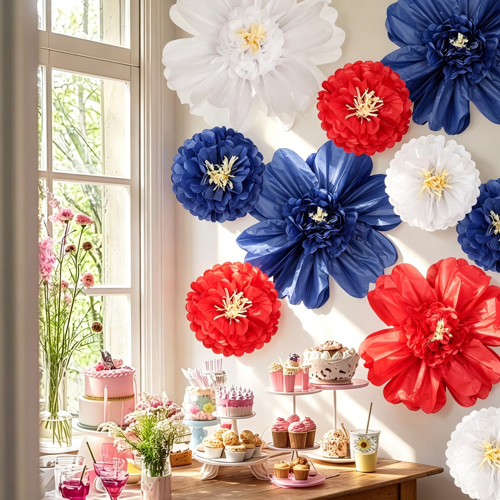 Crowye 12 Pcs Large Tissue Paper Flower Decor,10'' 20'',Patriotic Color