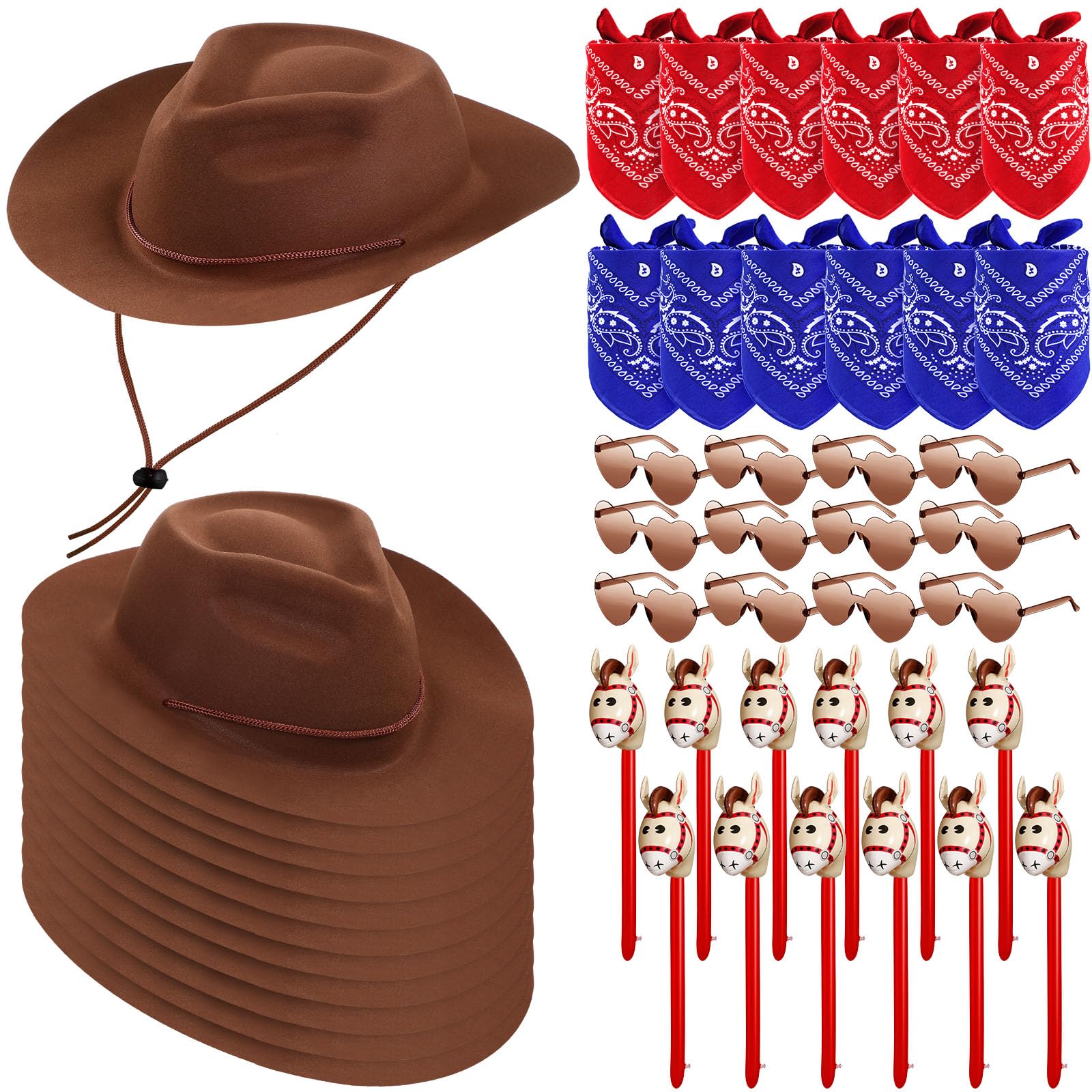 Xtinmee 48 Pcs Kids Cowboy Party Favor with Cowboy Hats Inflatable Stick Horses Bandanas Heart Glasses for Kid Costume(Brown)