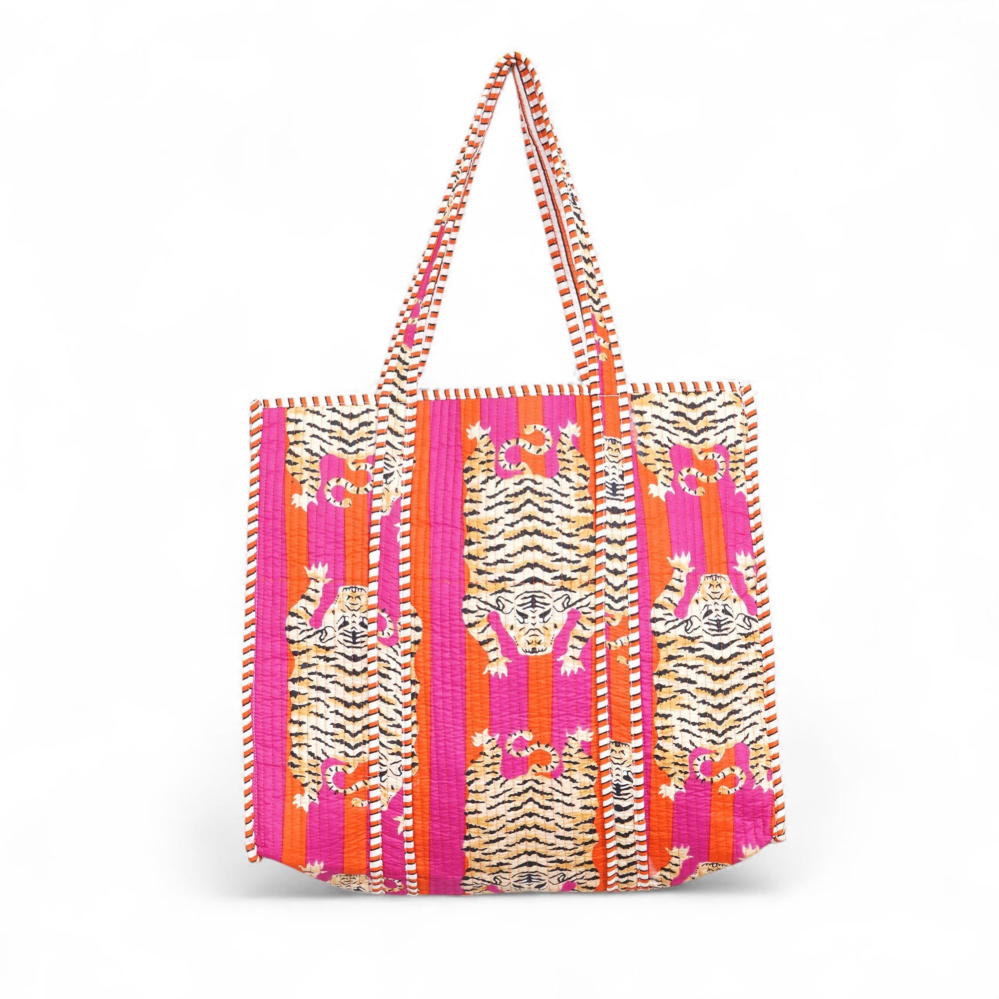 Cotton Tiger Block Print Tote Bag, Handmade Indian Shopping Shoulder Bag, Unisex Market Daily Use