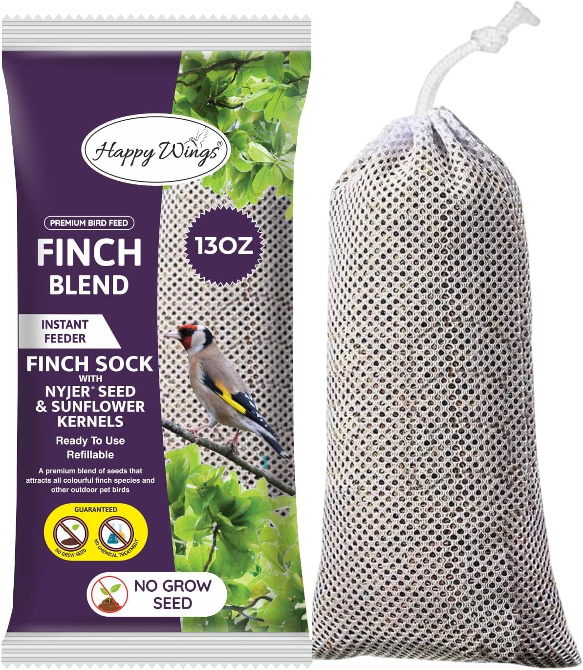 Happy Wings Finch Blend Bird Food, Mix of Sunflower Hearts/Kernels and Nyjer Seed Wild Bird Food-13 Ounce | Prefilled Sock | No Grow Seed I Bird Seeds for Wild Birds