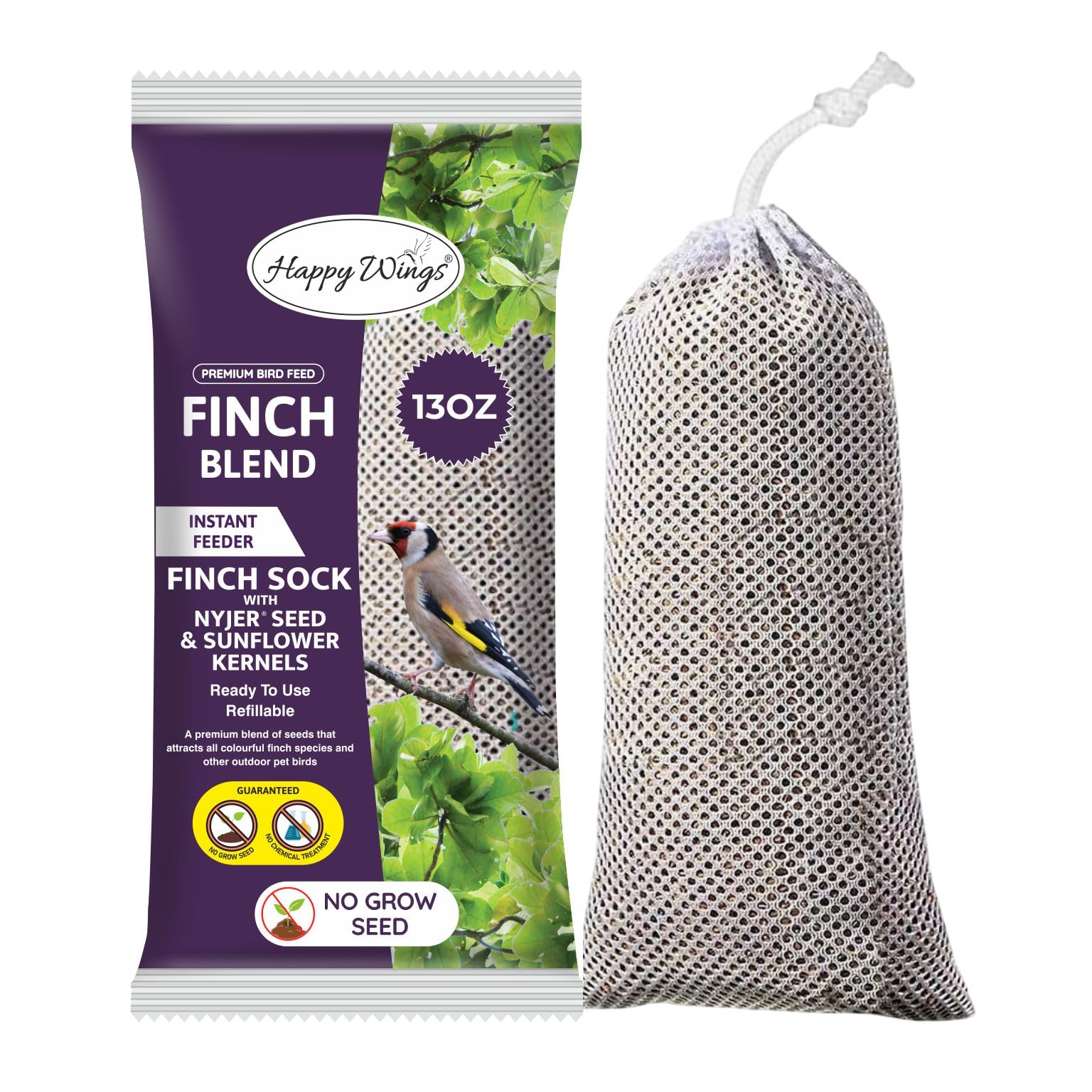Happy Wings NO GROW Finch Blend Bird Food Prefilled Sock Feeder (Mix of Sunflower Hearts/Kernels and Niger Seed) - Highly Nutritious Bird Feed - (368 gm)