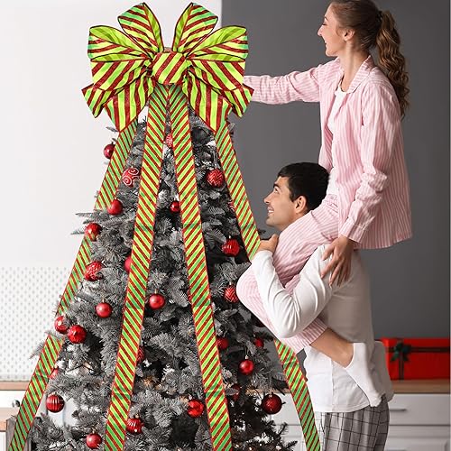 Miniatura 7 de Decoración grande para árbol de Navidad, lazo de elfo rojo y verde, lazo de corona de Navidad para árbol de Navidad, decoración de flores, lazo de