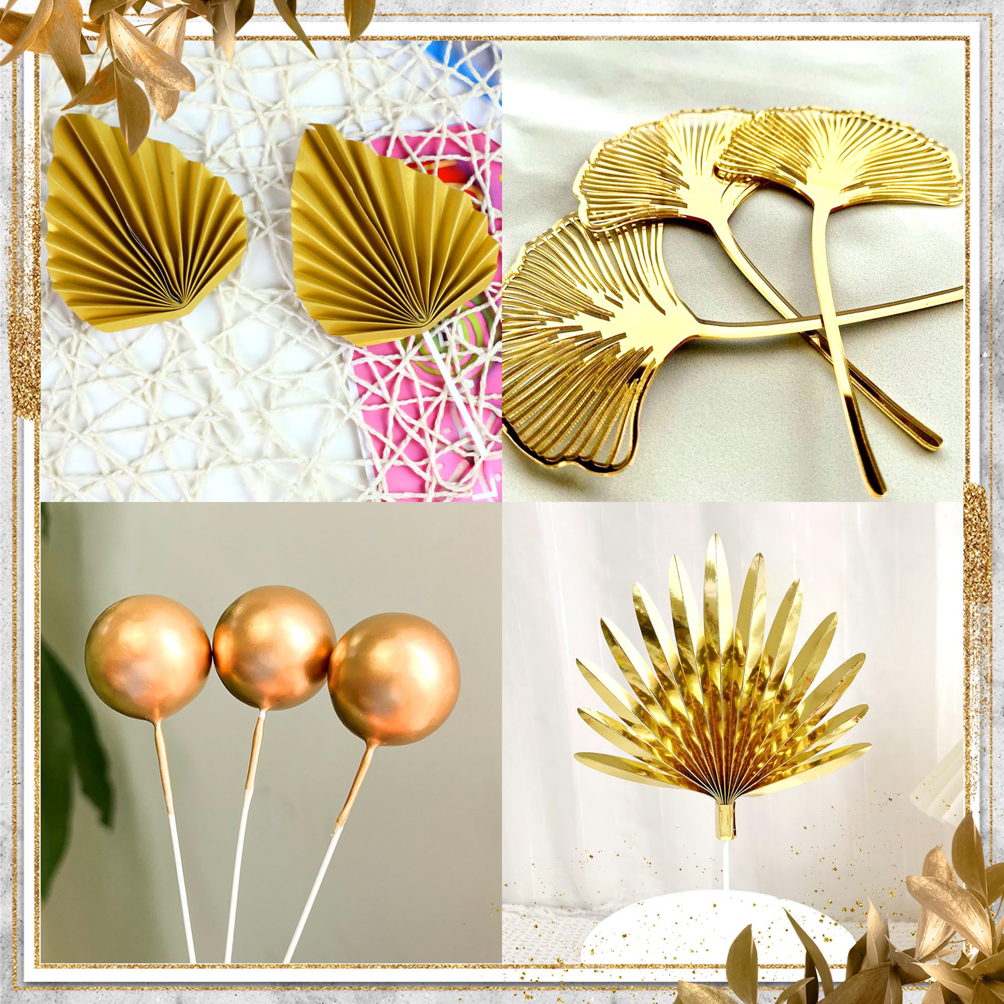 Décoration Gâteau Bohème Kit 29 Pièces | Fleurs Palmier Boules Blanches Dorées - Anniversaire Mariage Set Déco Gateau