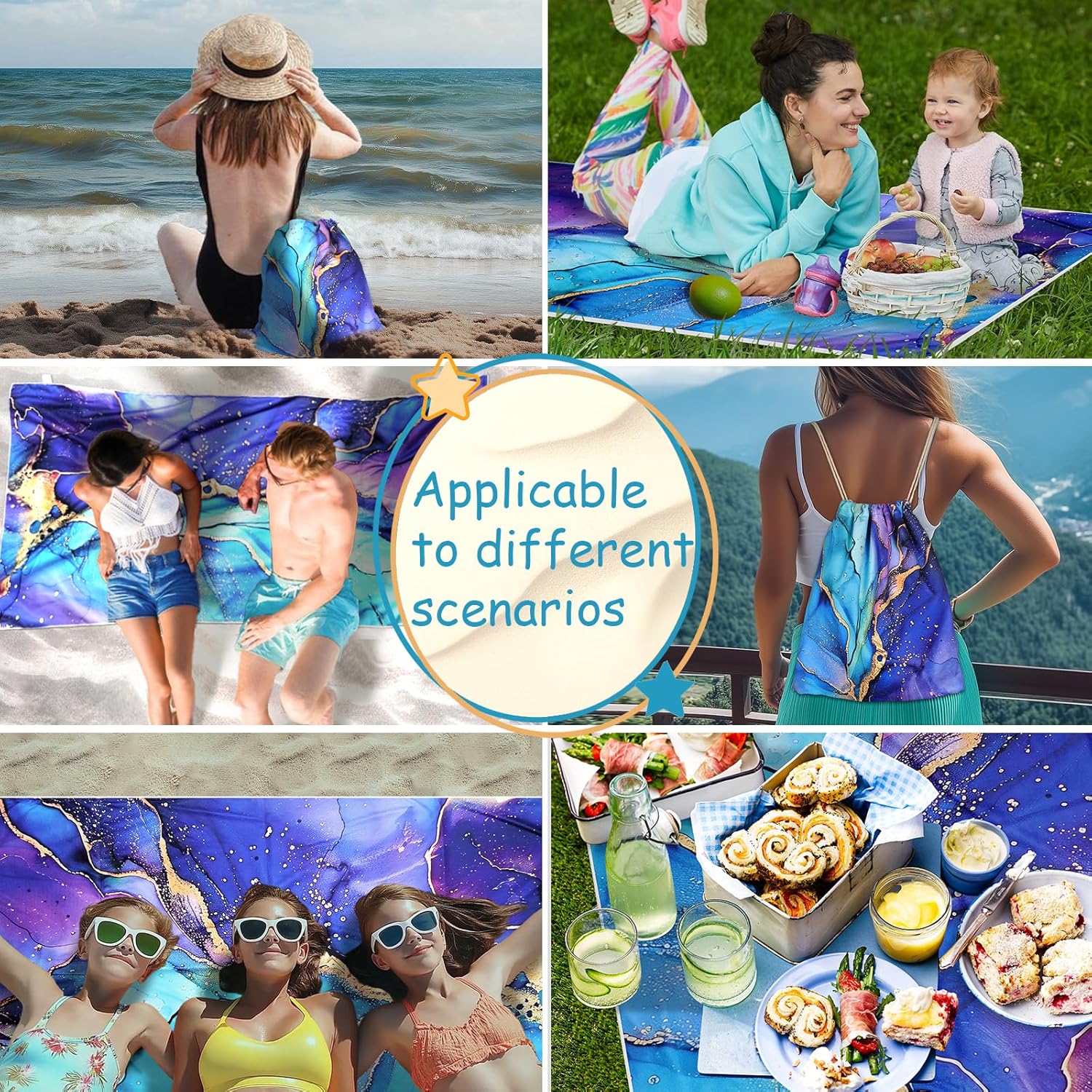 Purple Marble Beach Towel - Microfiber Beach Blanket Backpack for Travel Adult Camping Holiday 63"x31.5"