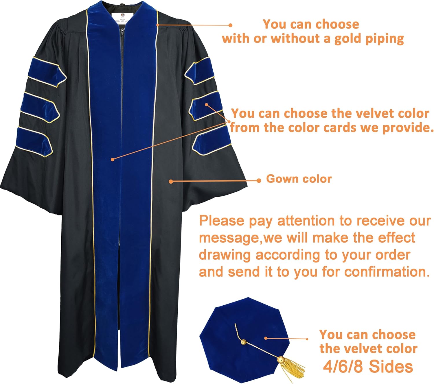 GradPlaza Doctoral Graduation Gown and Doctoral Tam 8 Side with Gold Piping for University