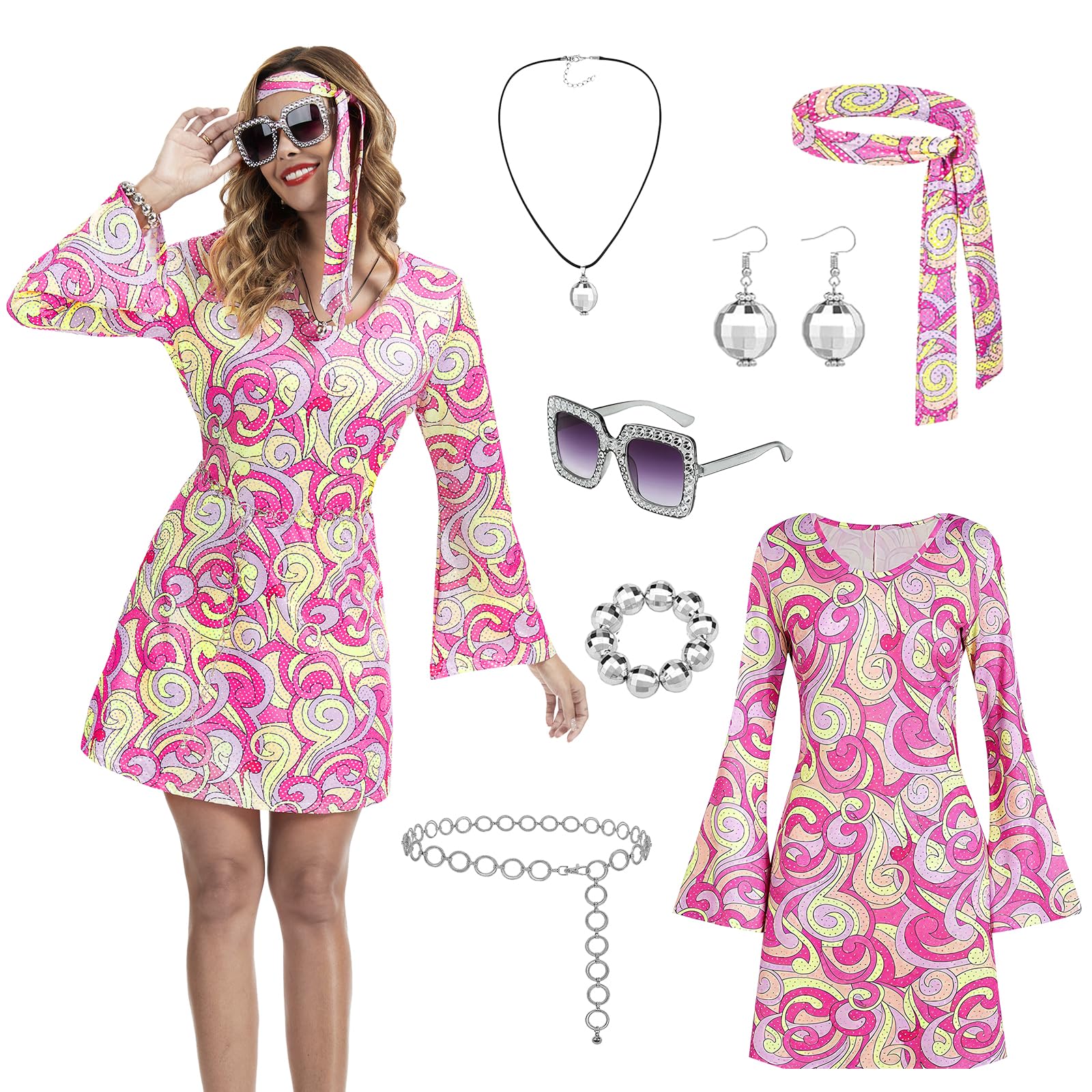 Set van 7 hippiekostuums voor dames, kleding uit de jaren 60