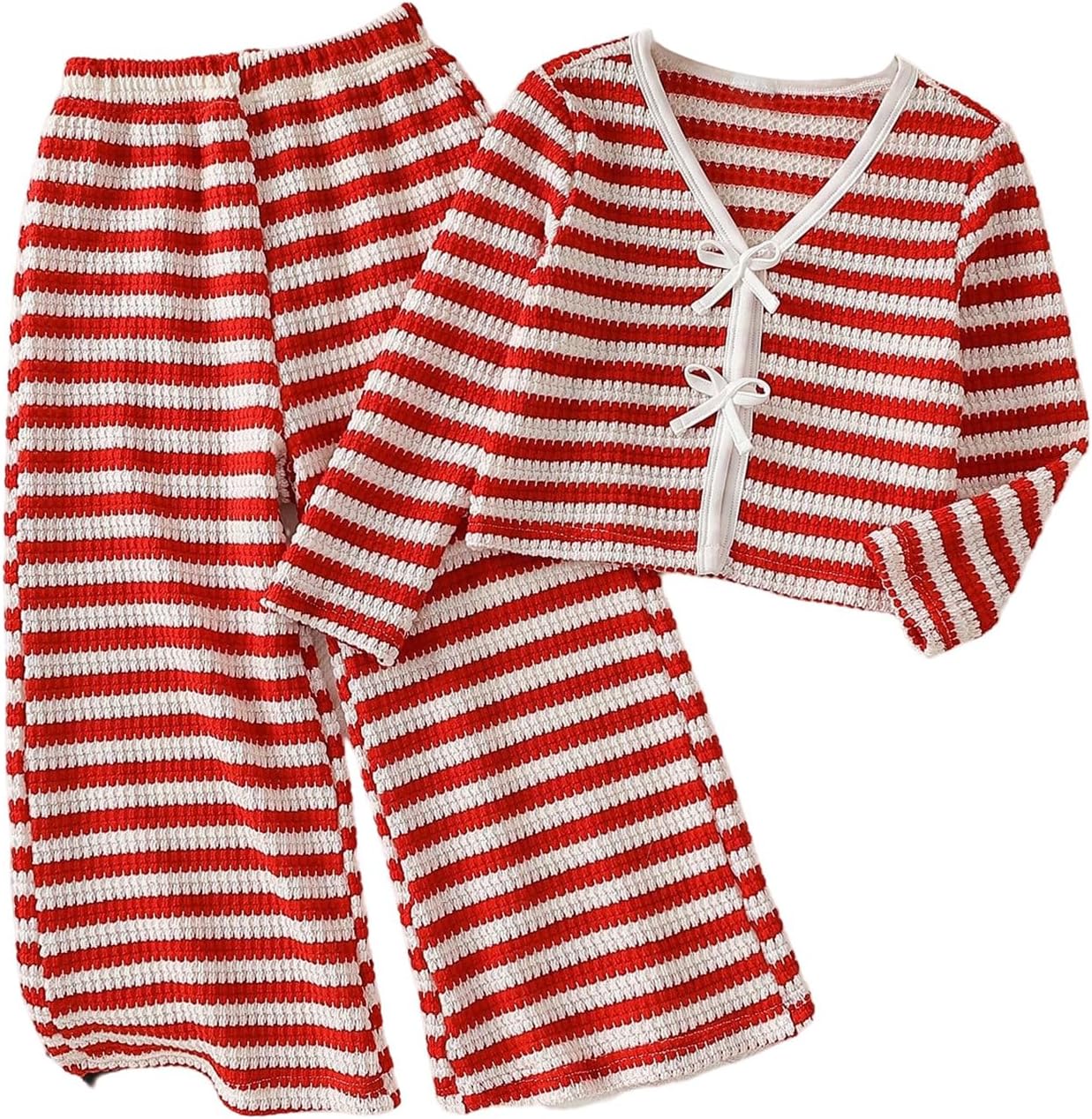 WDIRARA Girl's Striped 2 Piece Outfit Bow Cardigan Wide Leg Pants Set Cute Outfits