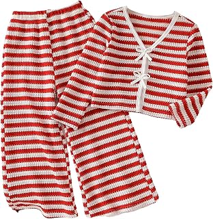 WDIRARA Girl's Striped Ribbed Knit 2 Piece Outfit Cute Wide Leg Pants Sets | Bow Cardigan and Long Bottoms, Fall Clothing Sets