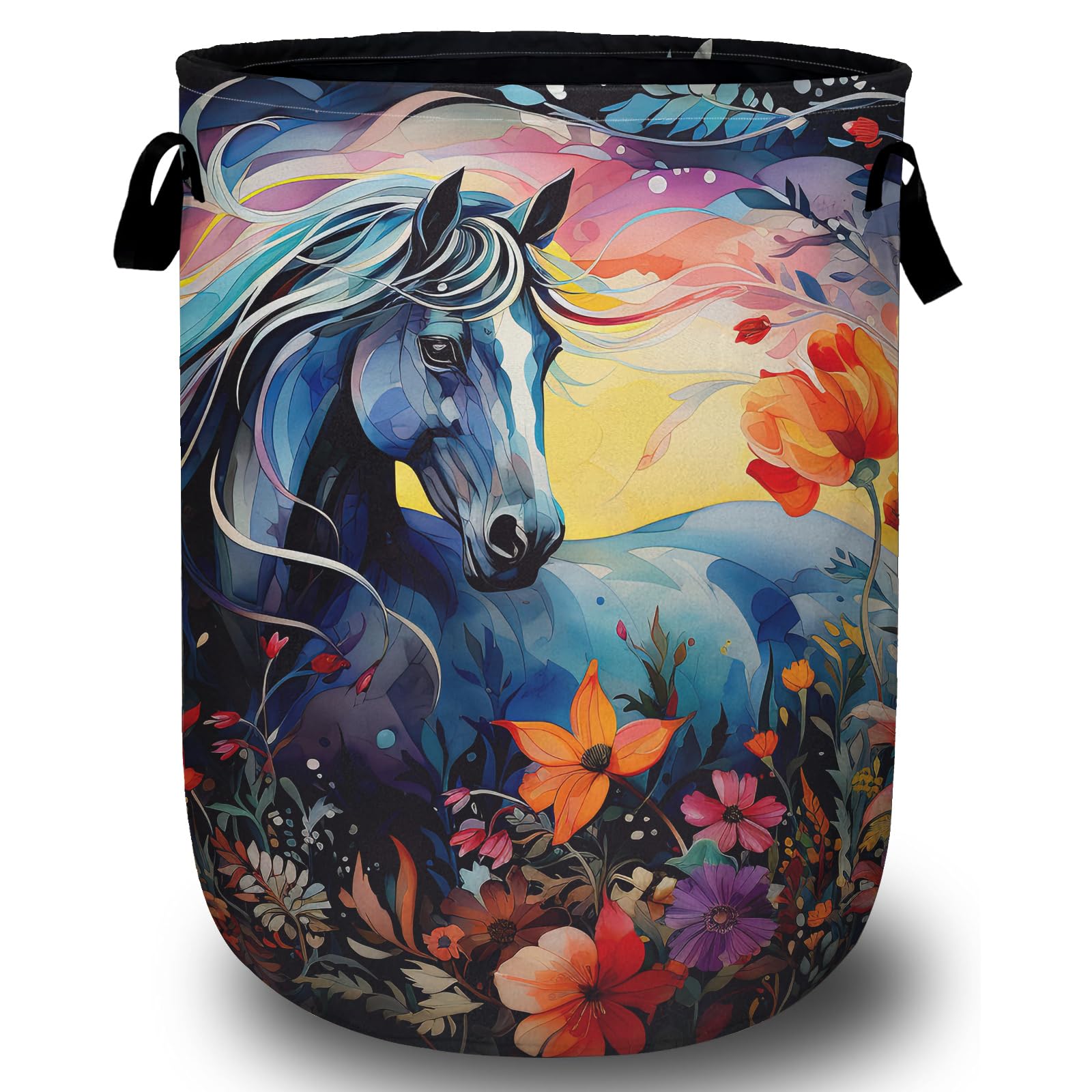 Colorful Horse Floral Laundry Basket, Laundry Hamper Collapsible Oxford Cloth with Handle Clothes Storage Bin for Bathroom Laundry Room Bedroom 15.7 X 20 Inch