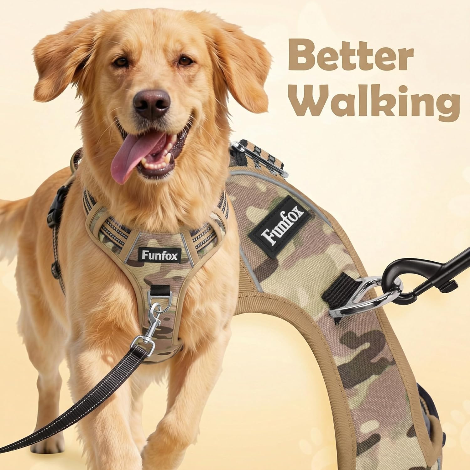 Funfox Dog Harness No Pull, Adjustable Pet Vest Harness, Super Soft Material with Vertical Handle Easy Control, Reflective Night Walking, 2 Leash Clips for Small Sized Dogs, Camo Brown, S